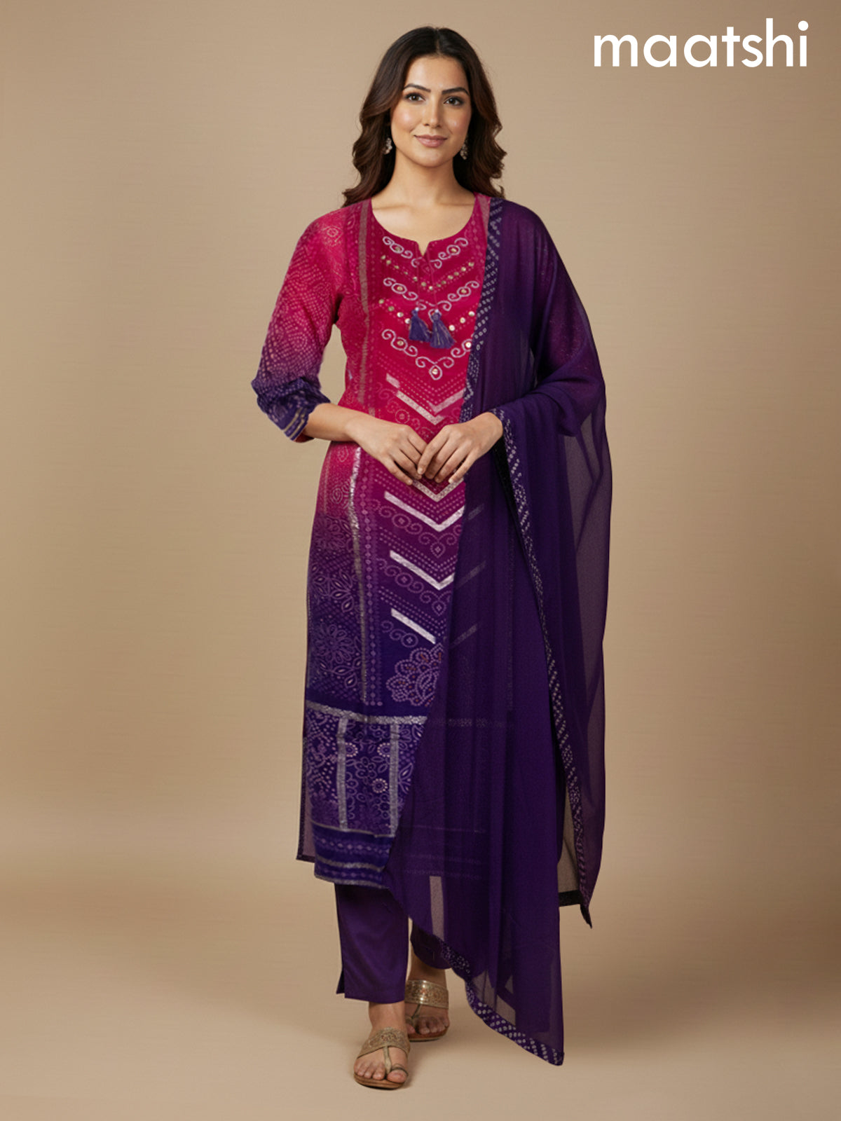 Pink and Purple Dola Silk Bandhini Printed Straight Suit
