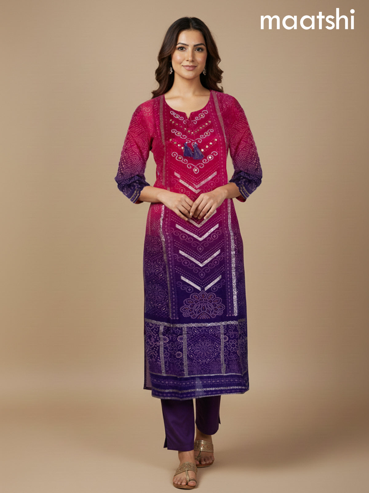 Pink and Purple Dola Silk Bandhini Printed Straight Suit