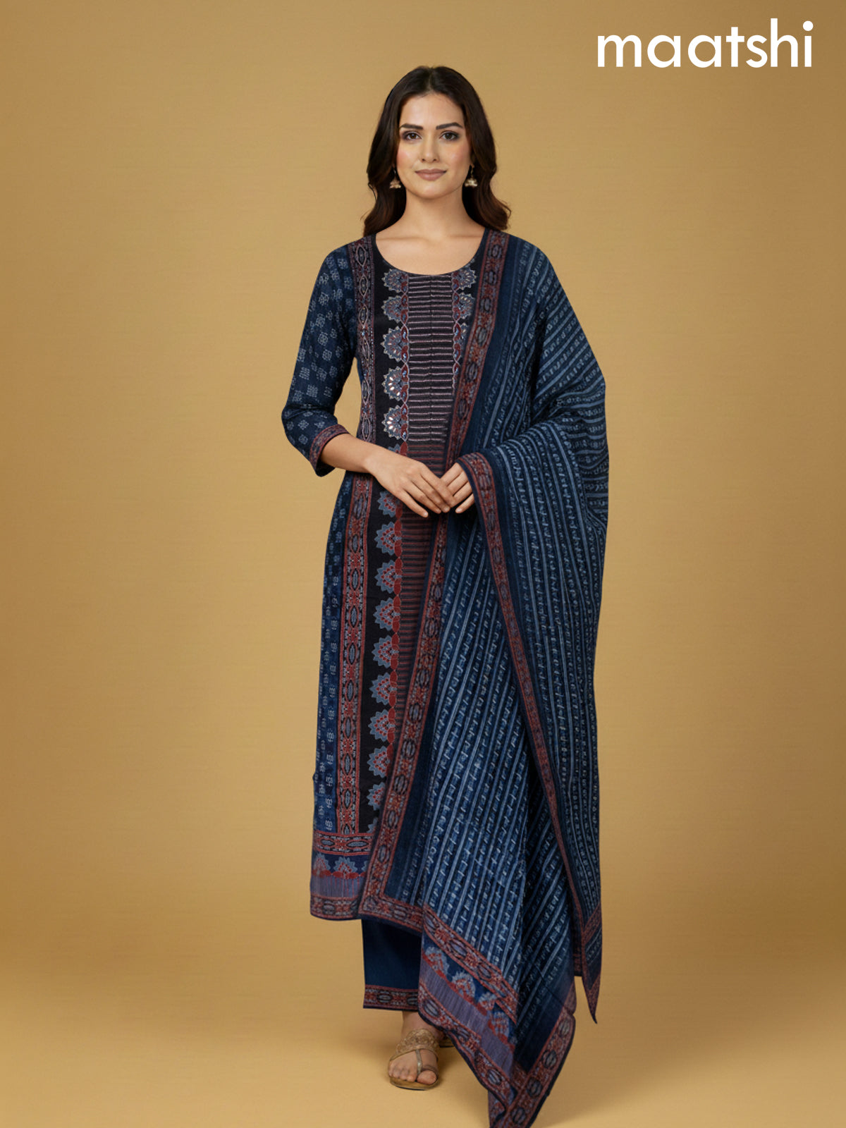 Blue and Maroon Black Muslin Ajrakh Printed Straight Suit