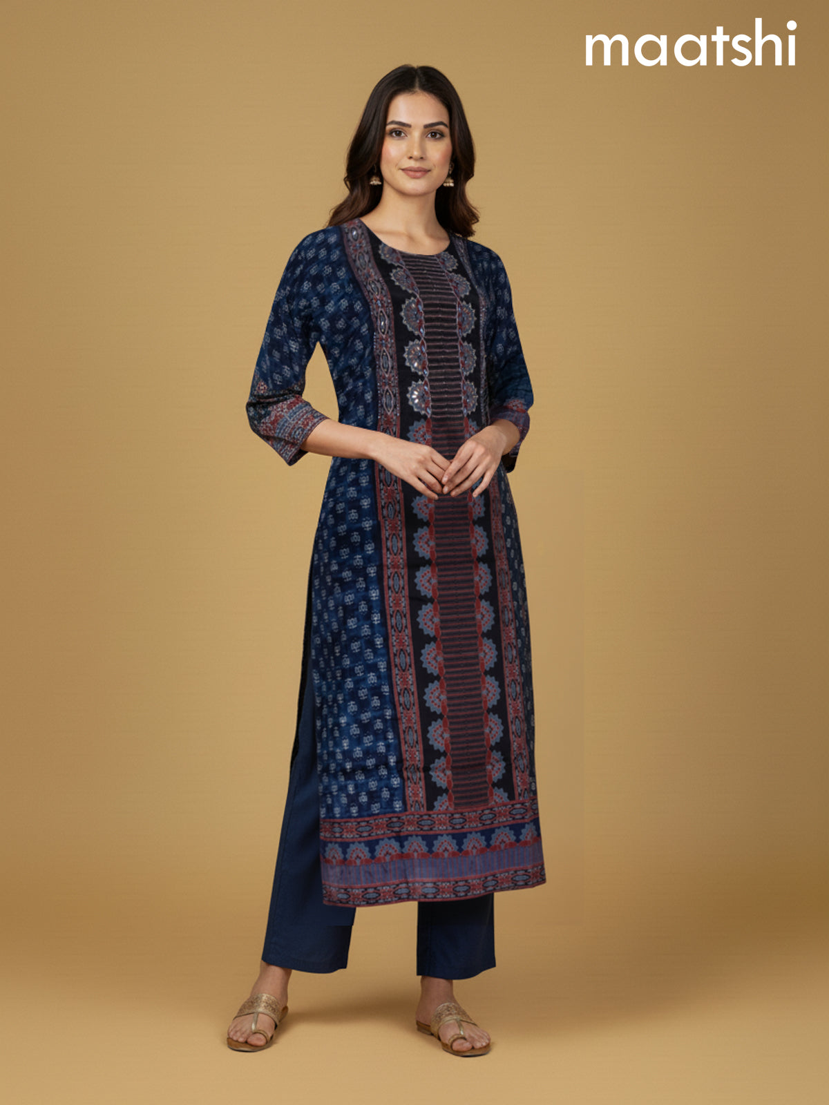Blue and Maroon Black Muslin Ajrakh Printed Straight Suit