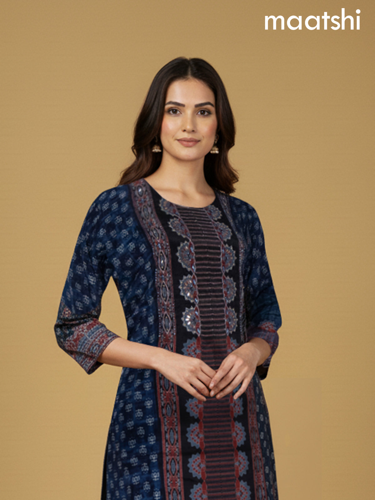 Blue and Maroon Black Muslin Ajrakh Printed Straight Suit