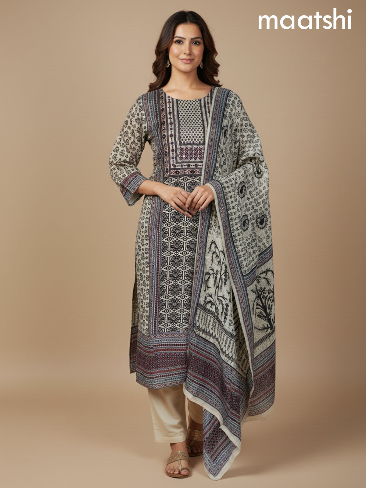 Cream and Black Muslin Printed Straight Suit