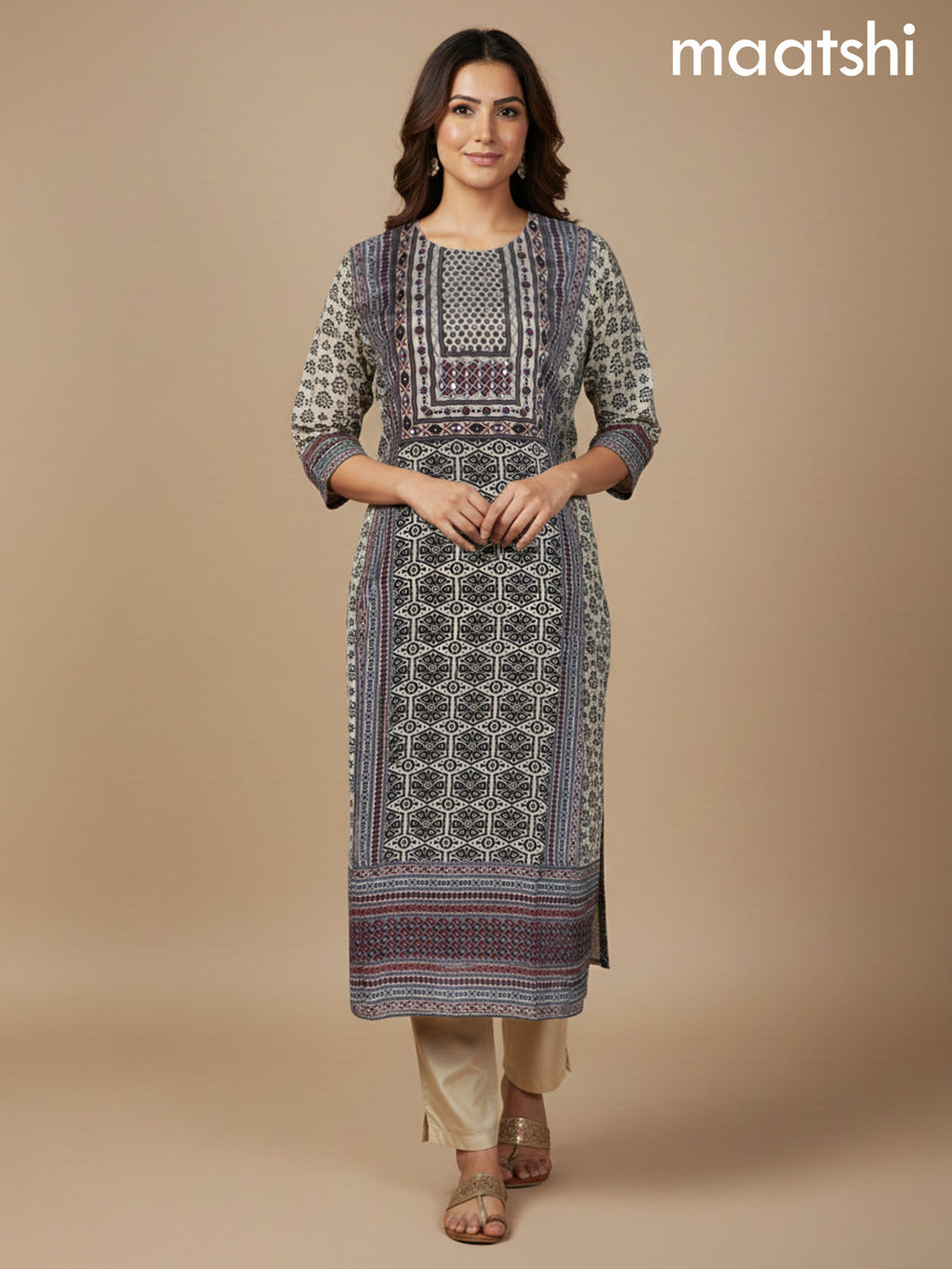 Cream and Black Muslin Printed Straight Suit