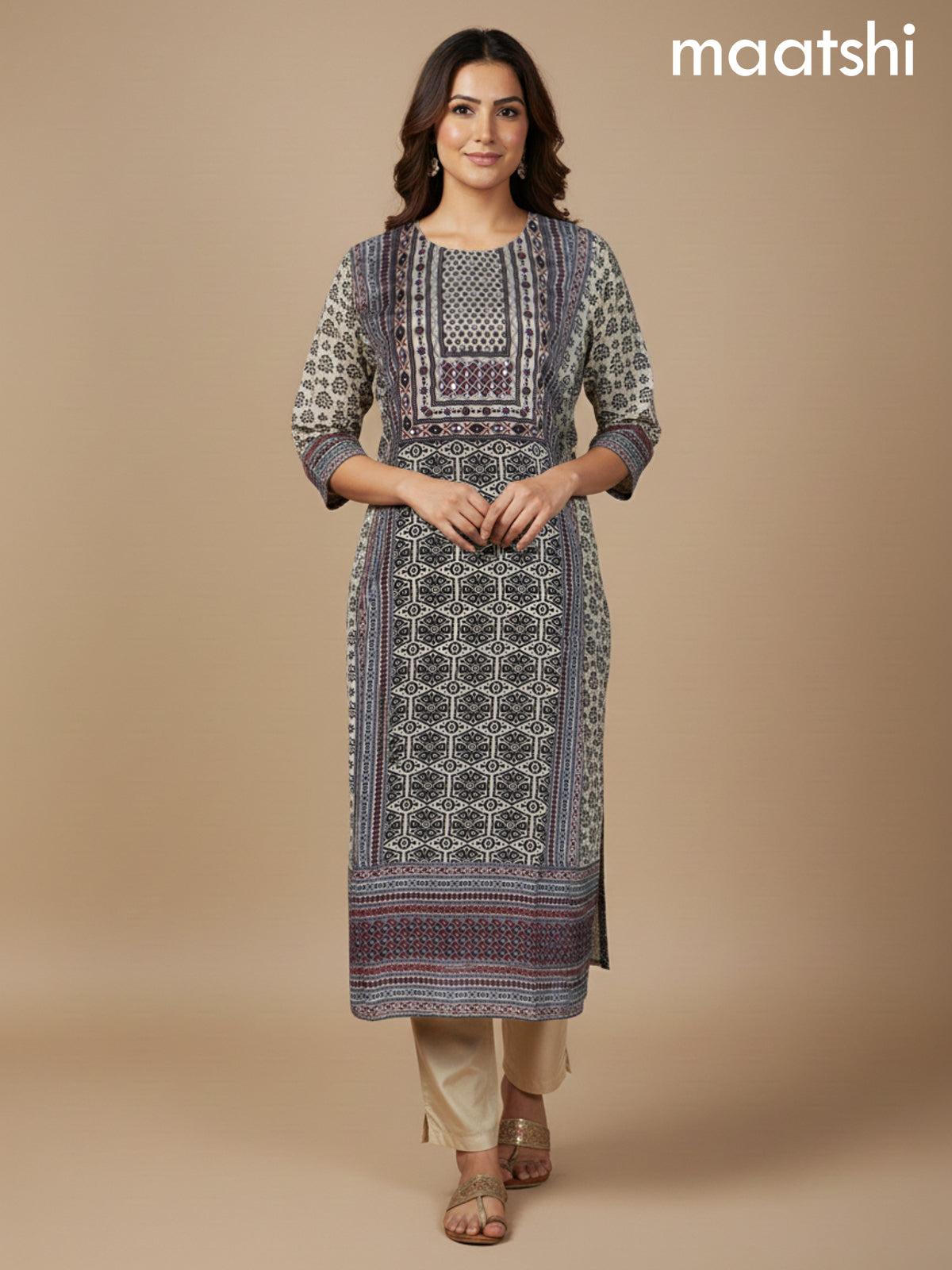 Cream and Black Muslin Printed Straight Suit