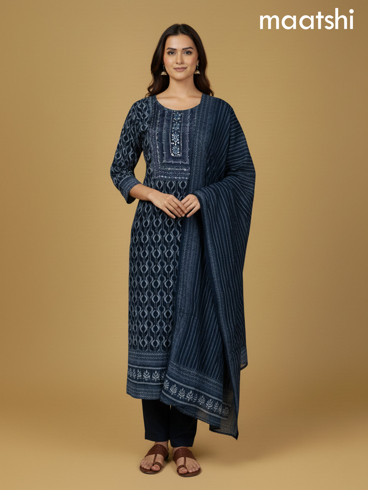Navy Blue Muslin Printed Straight Suit