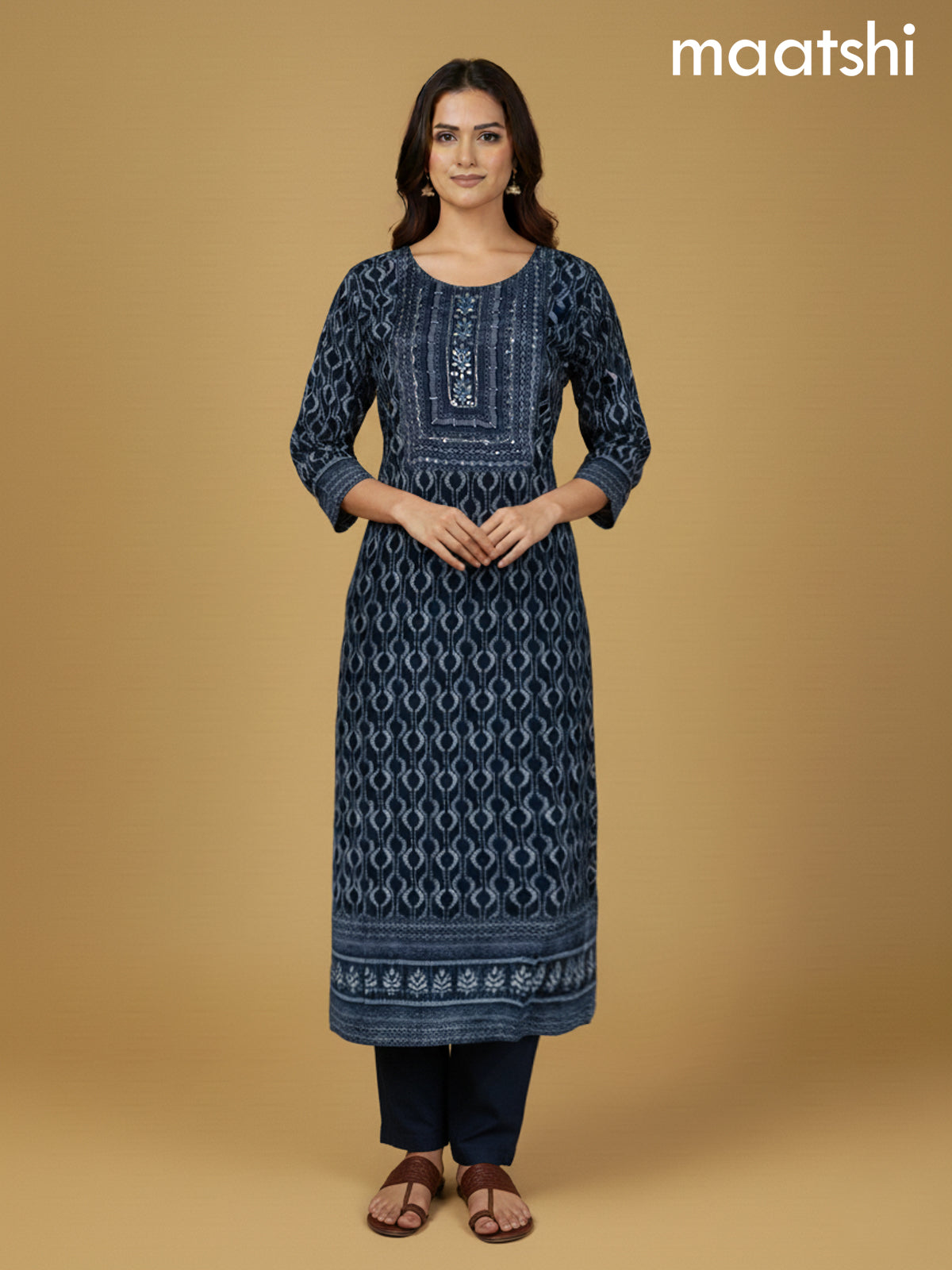 Navy Blue Muslin Printed Straight Suit