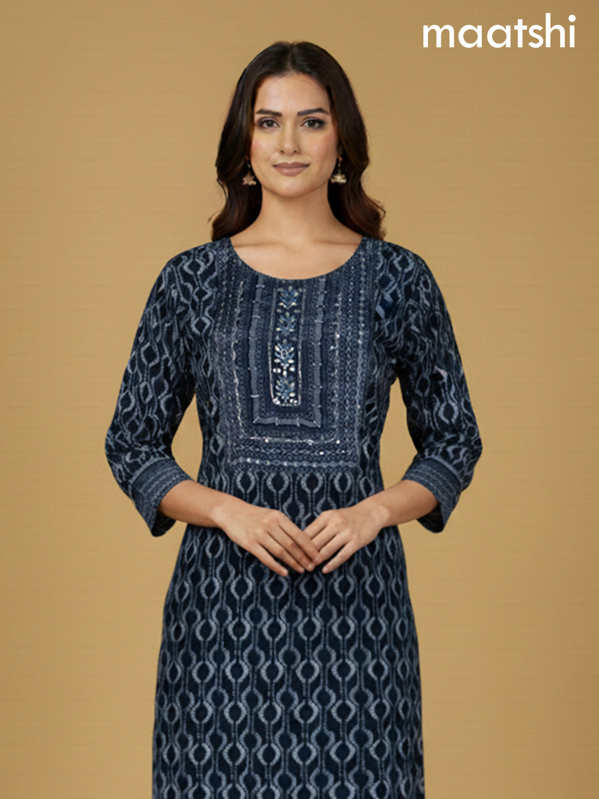 Navy Blue Muslin Printed Straight Suit