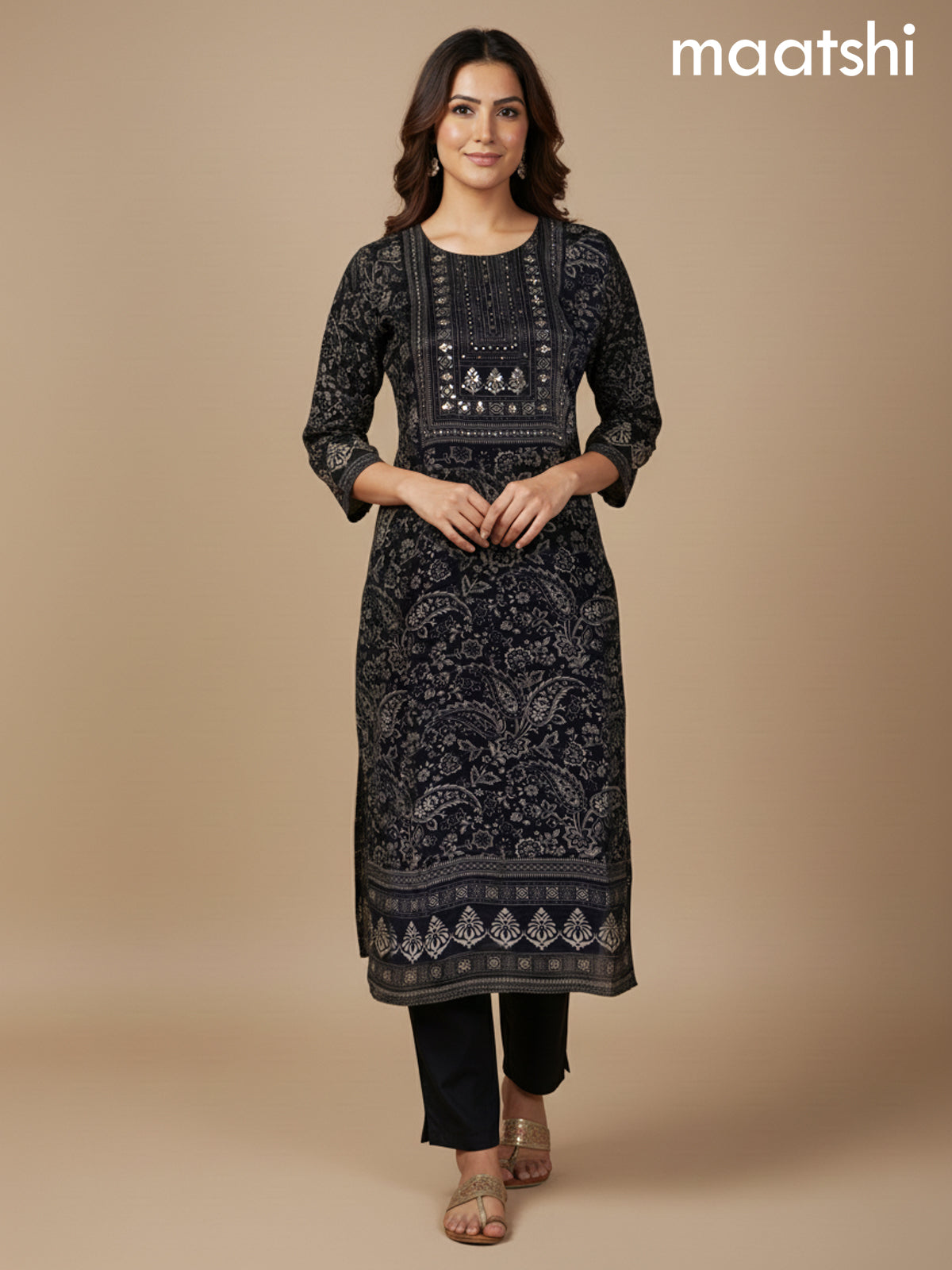 Black Muslin Printed Straight Suit
