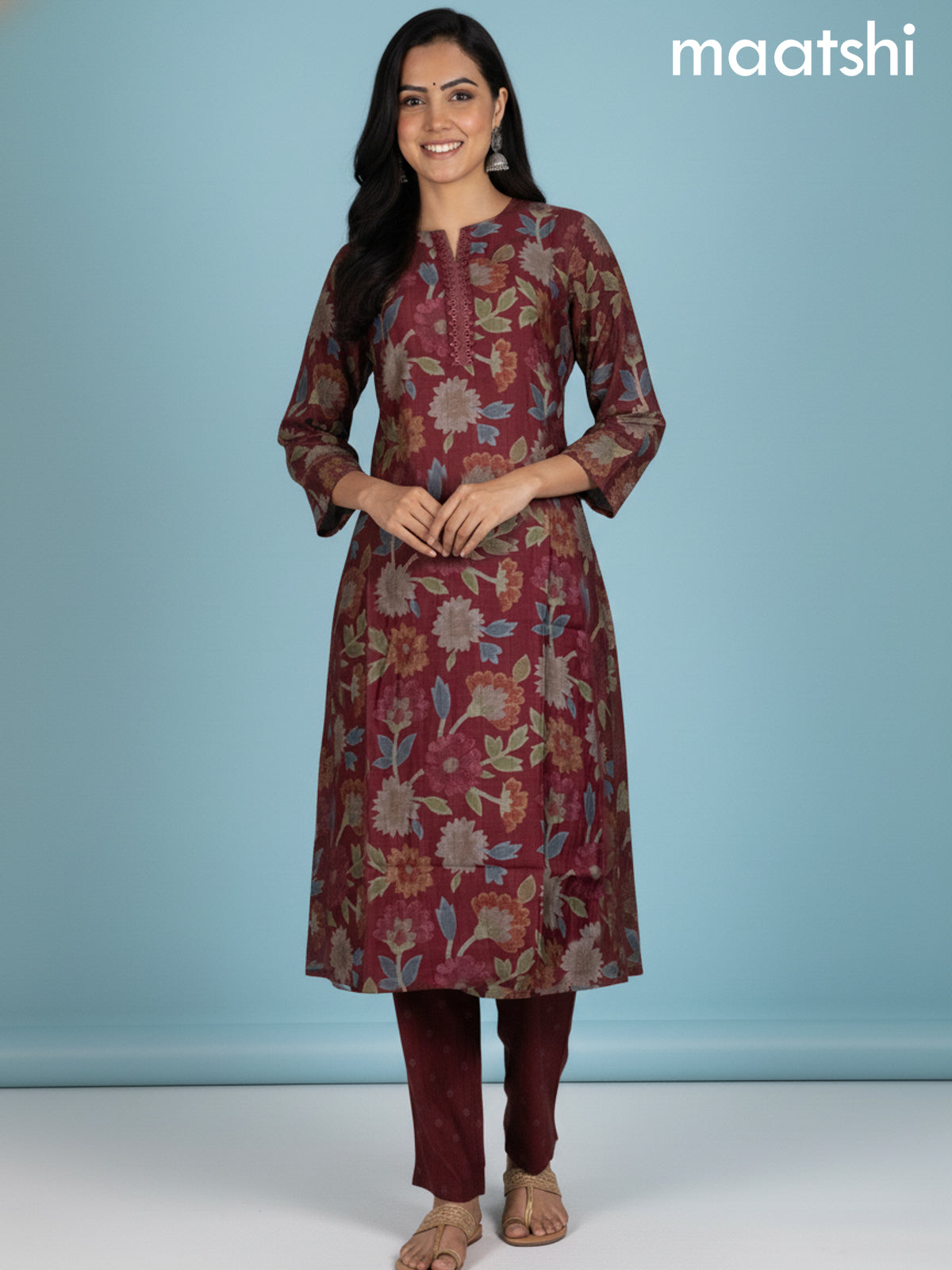 Maroon Rayon Floral Printed A-Line Kurti Set