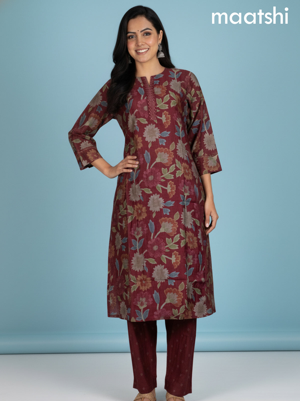 Maroon Rayon Floral Printed A-Line Kurti Set