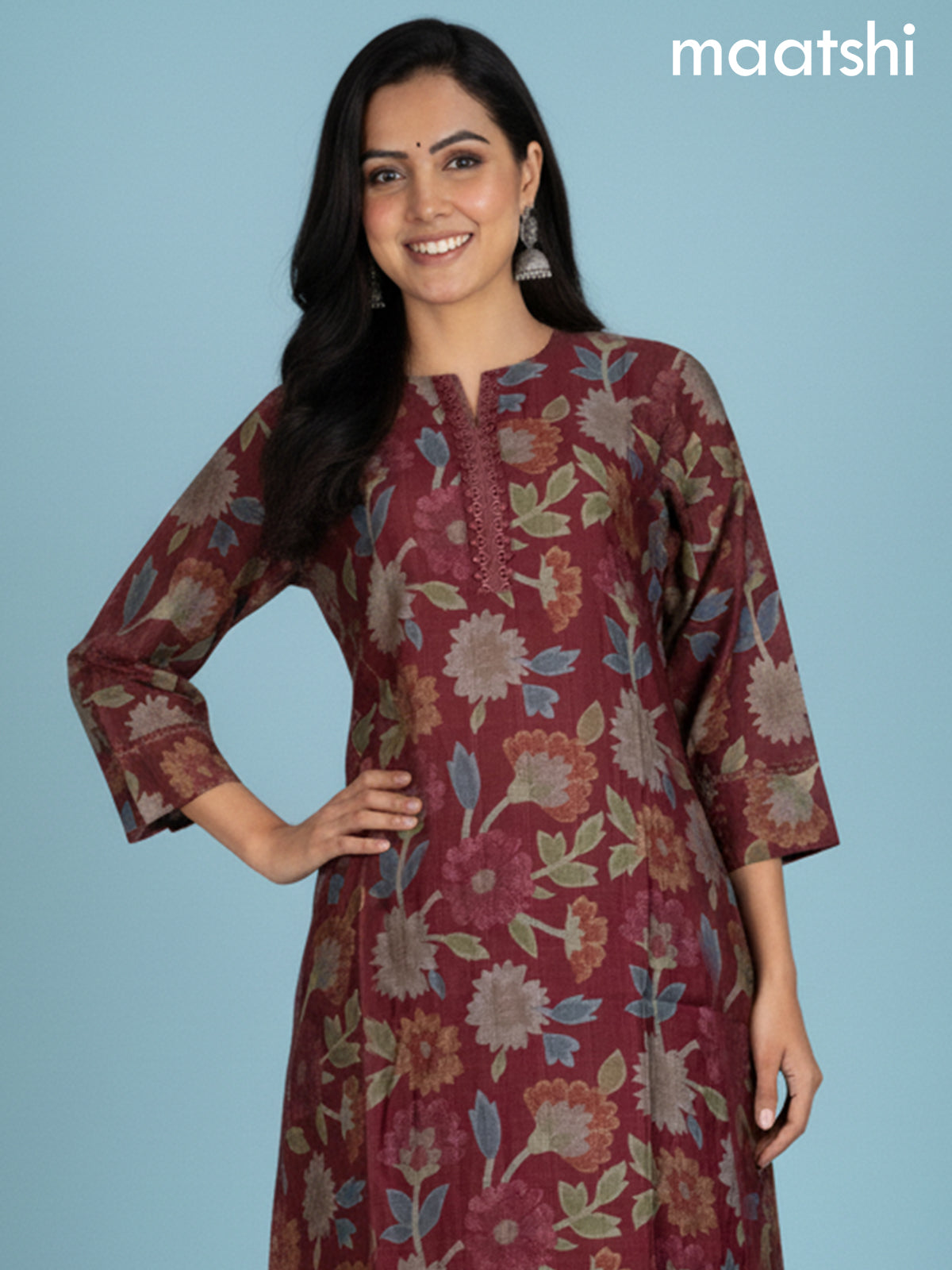Maroon Rayon Floral Printed A-Line Kurti Set