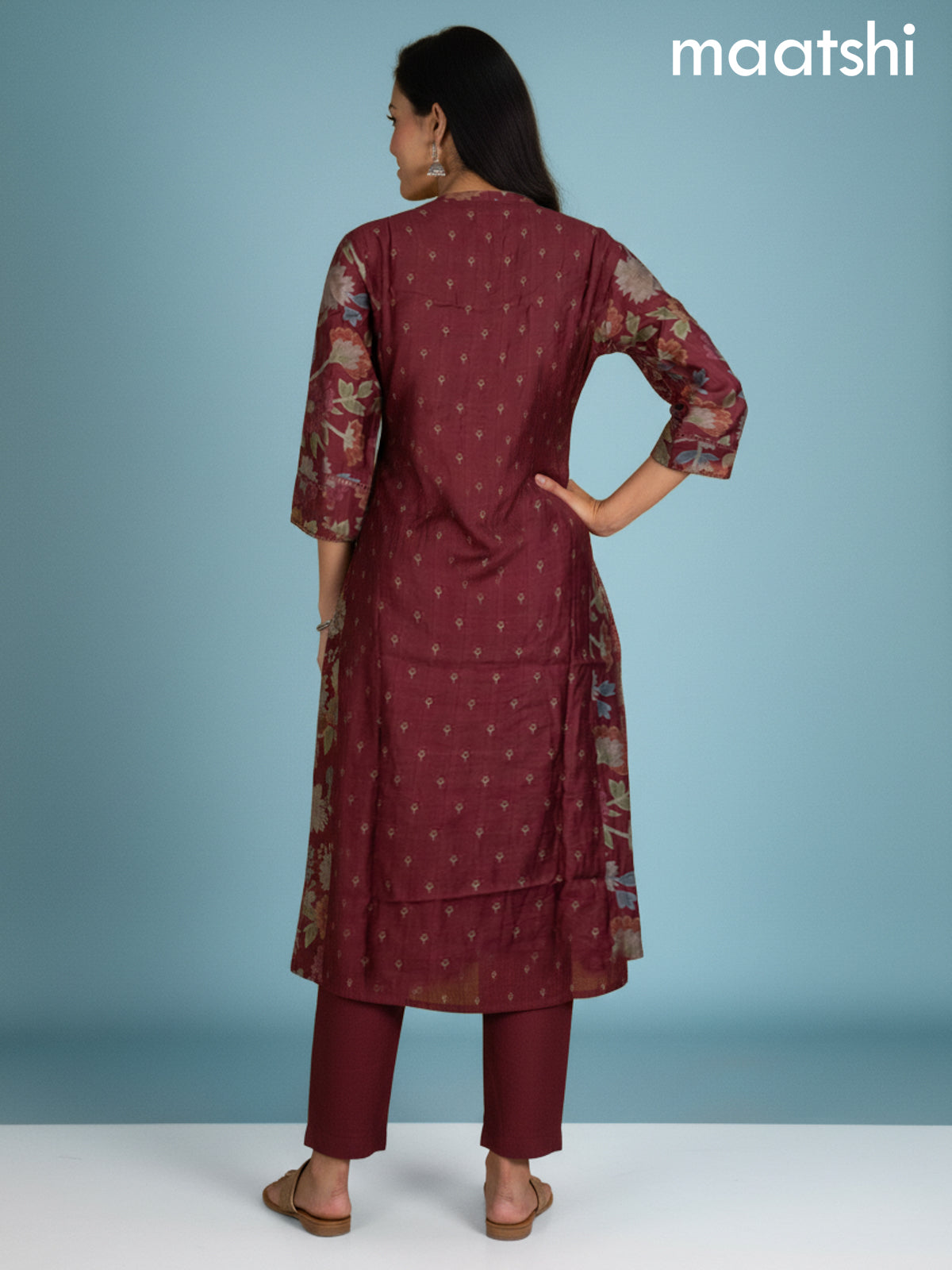 Maroon Rayon Floral Printed A-Line Kurti Set