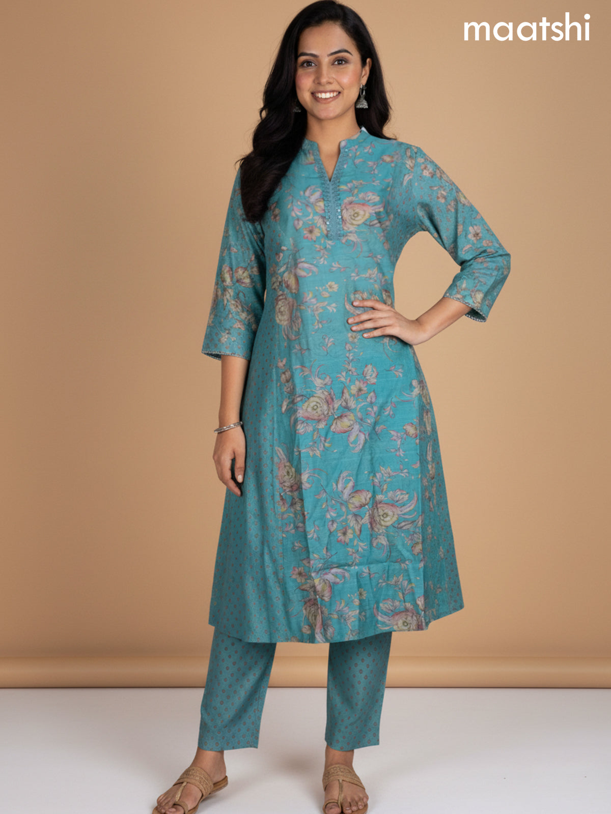 Teal Blue Rayon Floral Printed A-Line Kurti Set