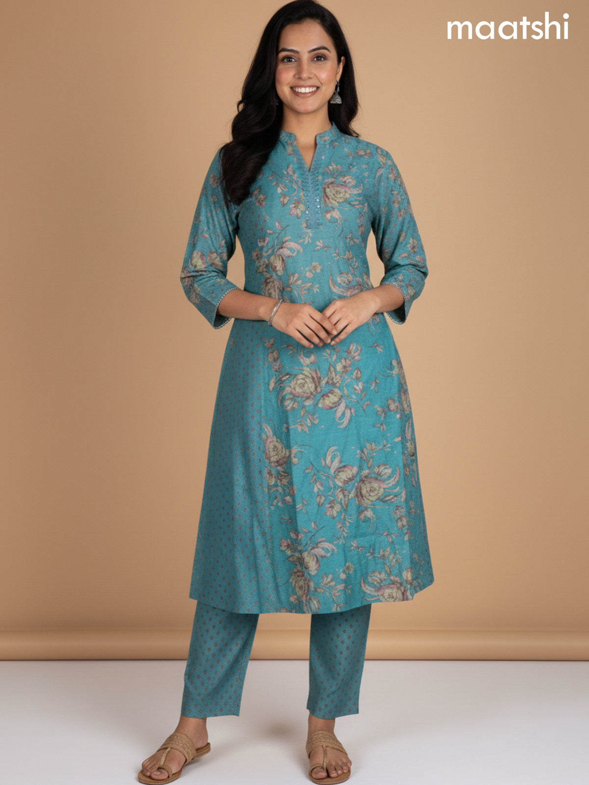Teal Blue Rayon Floral Printed A-Line Kurti Set