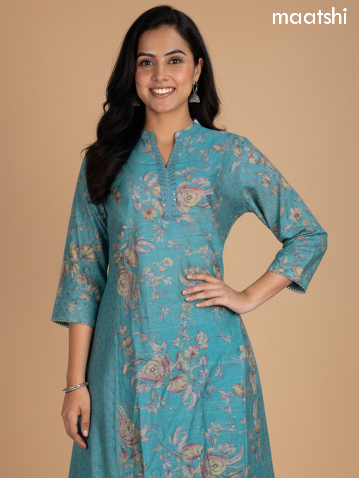 Teal Blue Rayon Floral Printed A-Line Kurti Set