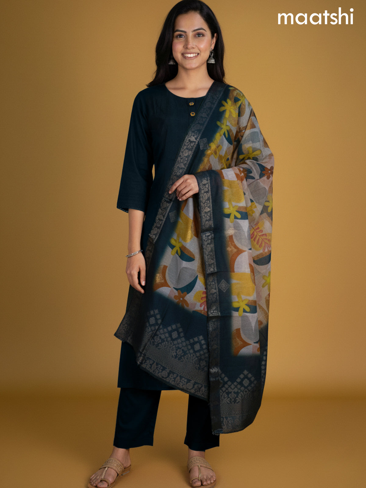 Peacock Green Chanderi A-Line Suit With Digital Printed Dupatta