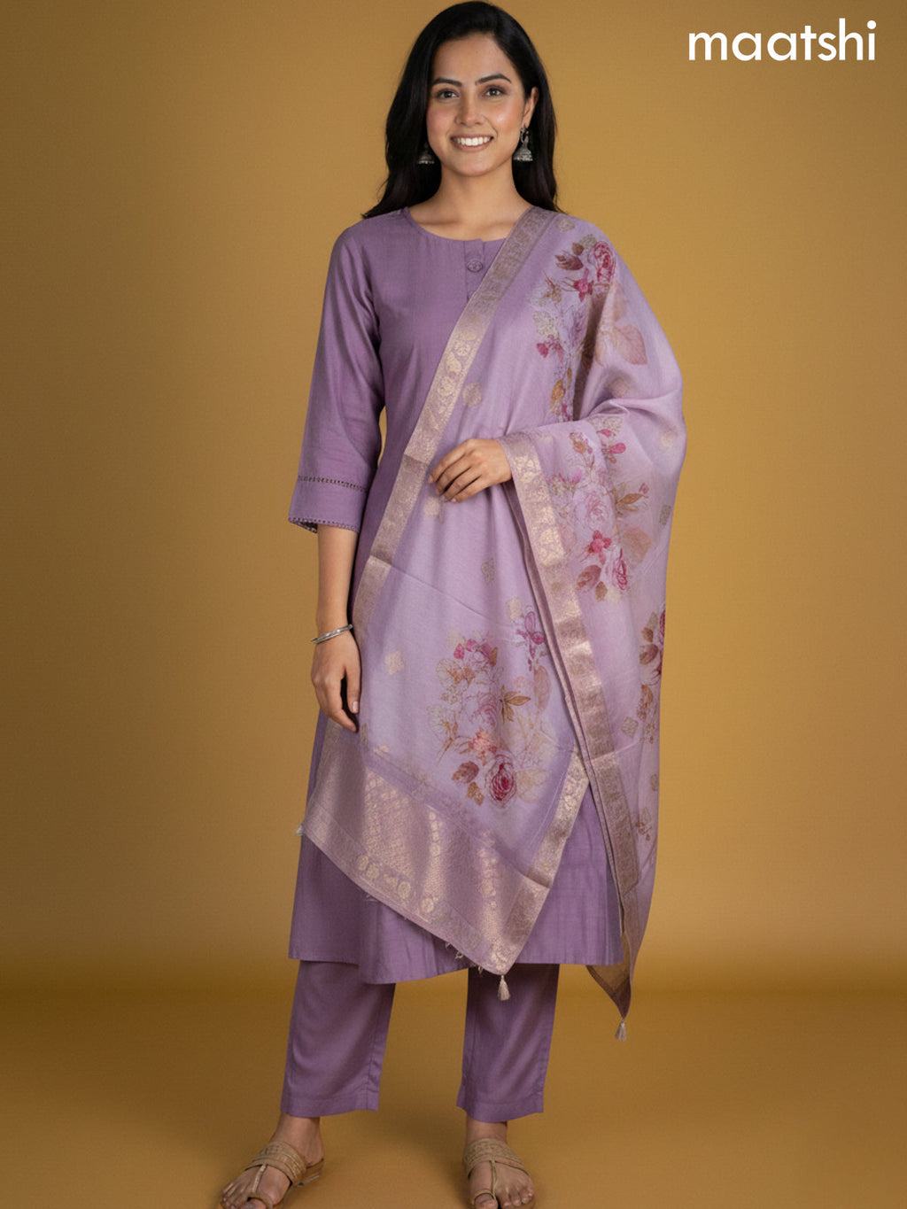Lavender Chanderi A-Line Suit With Digital Printed Dupatta