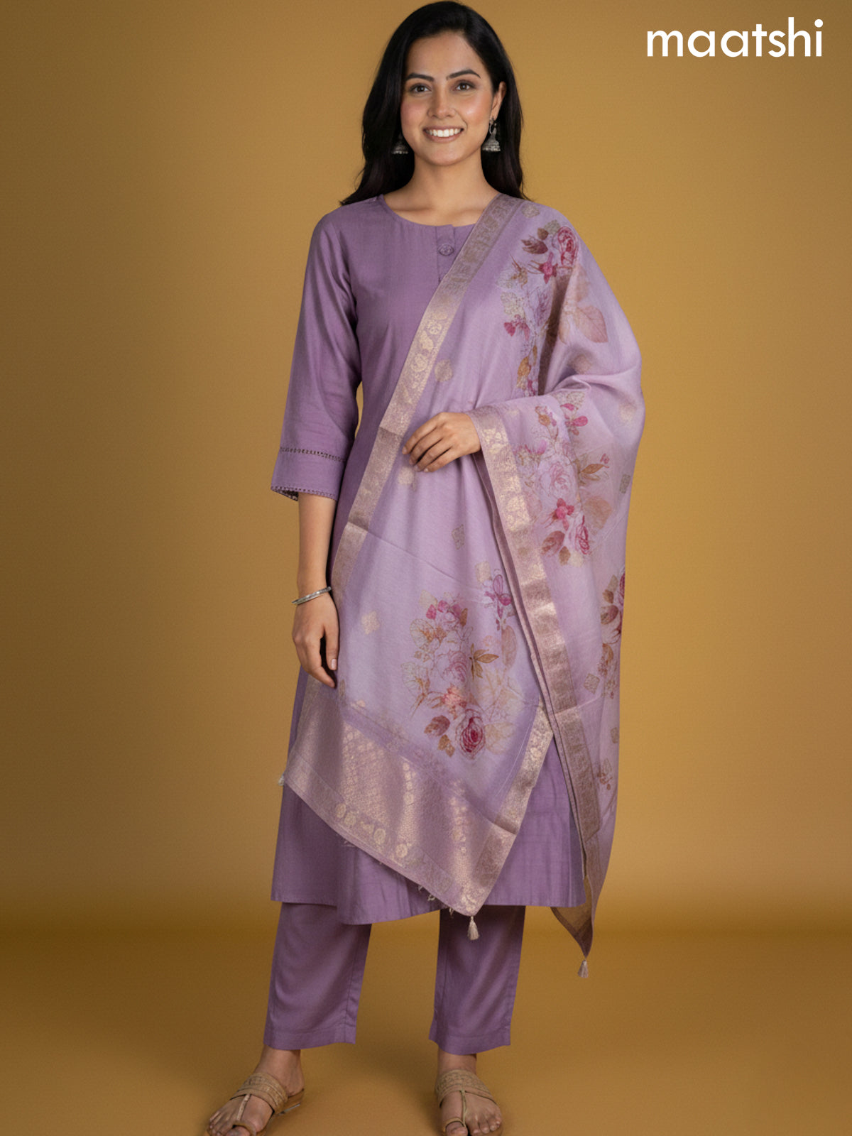 Lavender Chanderi A-Line Suit With Digital Printed Dupatta
