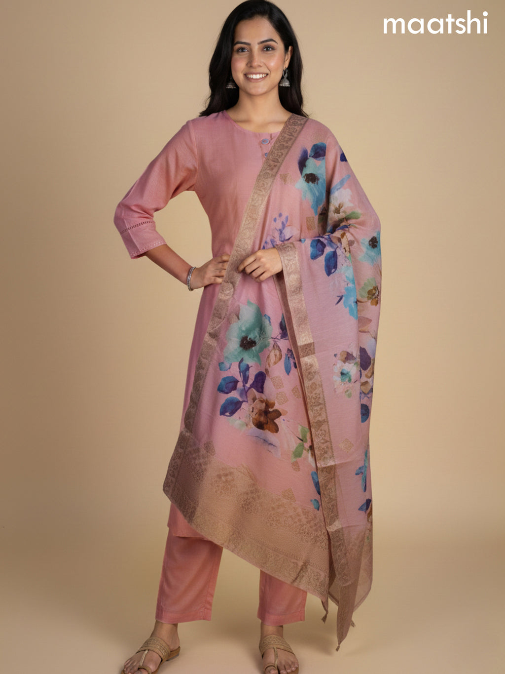 Peach Shade Chanderi A-Line Suit With Digital Printed Dupatta