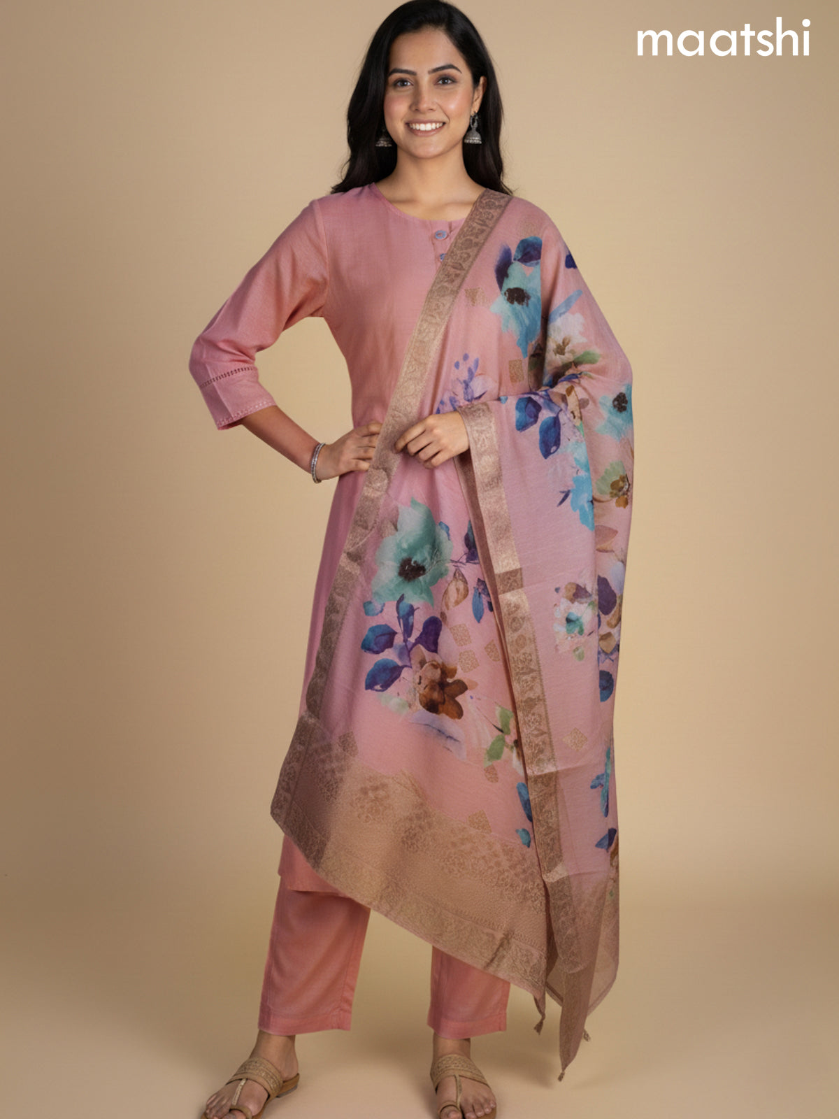 Peach Shade Chanderi A-Line Suit With Digital Printed Dupatta