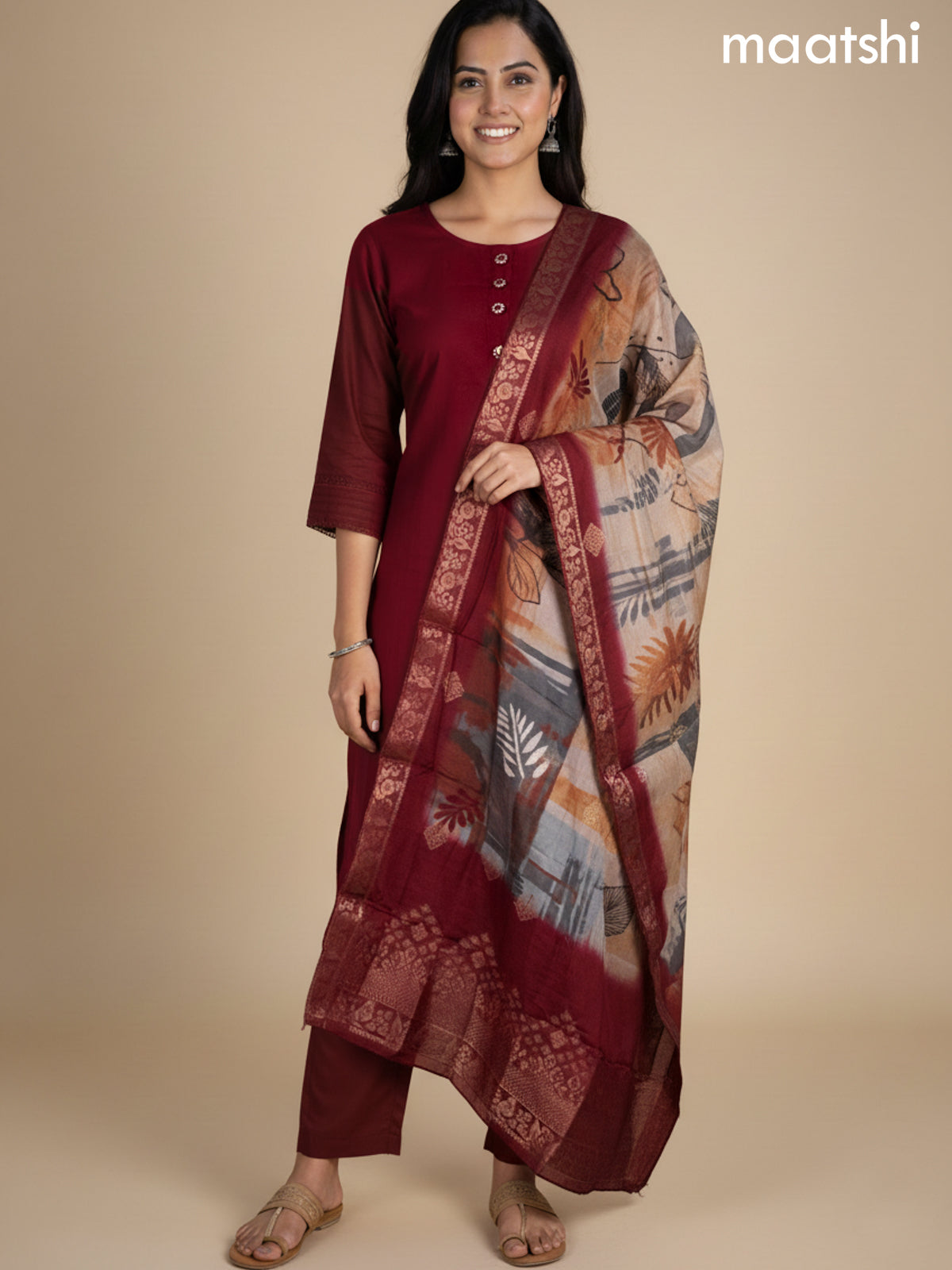 Maroon Chanderi A-Line Suit With Digital Printed Dupatta