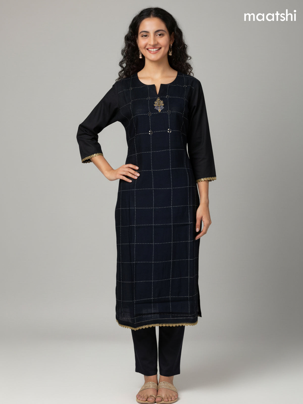 Black and Mustard Shade Chanderi Embroidery & Mirror Work Straight Suit