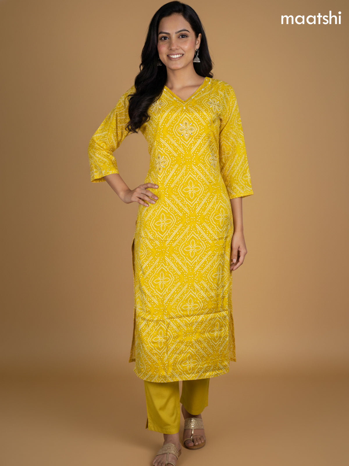 Mustard Yellow Muslin Bandhani Printed Straight Suit