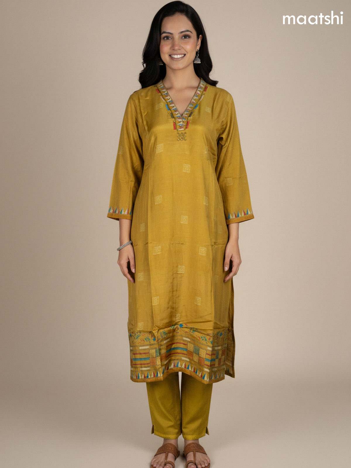 Dark Mustard Muslin Madhubani Printed Straight Suit