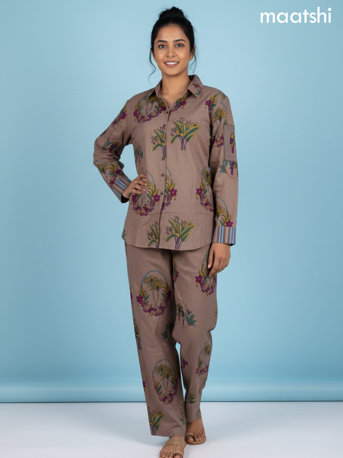 Pastel Brown Cotton Floral Printed Co-Ord Set