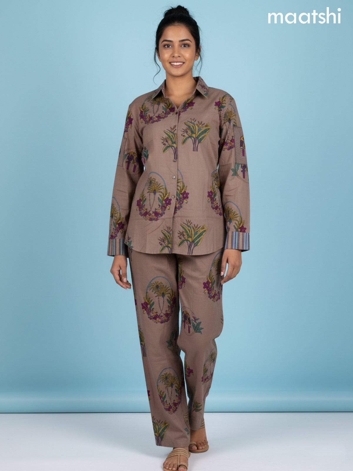 Pastel Brown Cotton Floral Printed Co-Ord Set