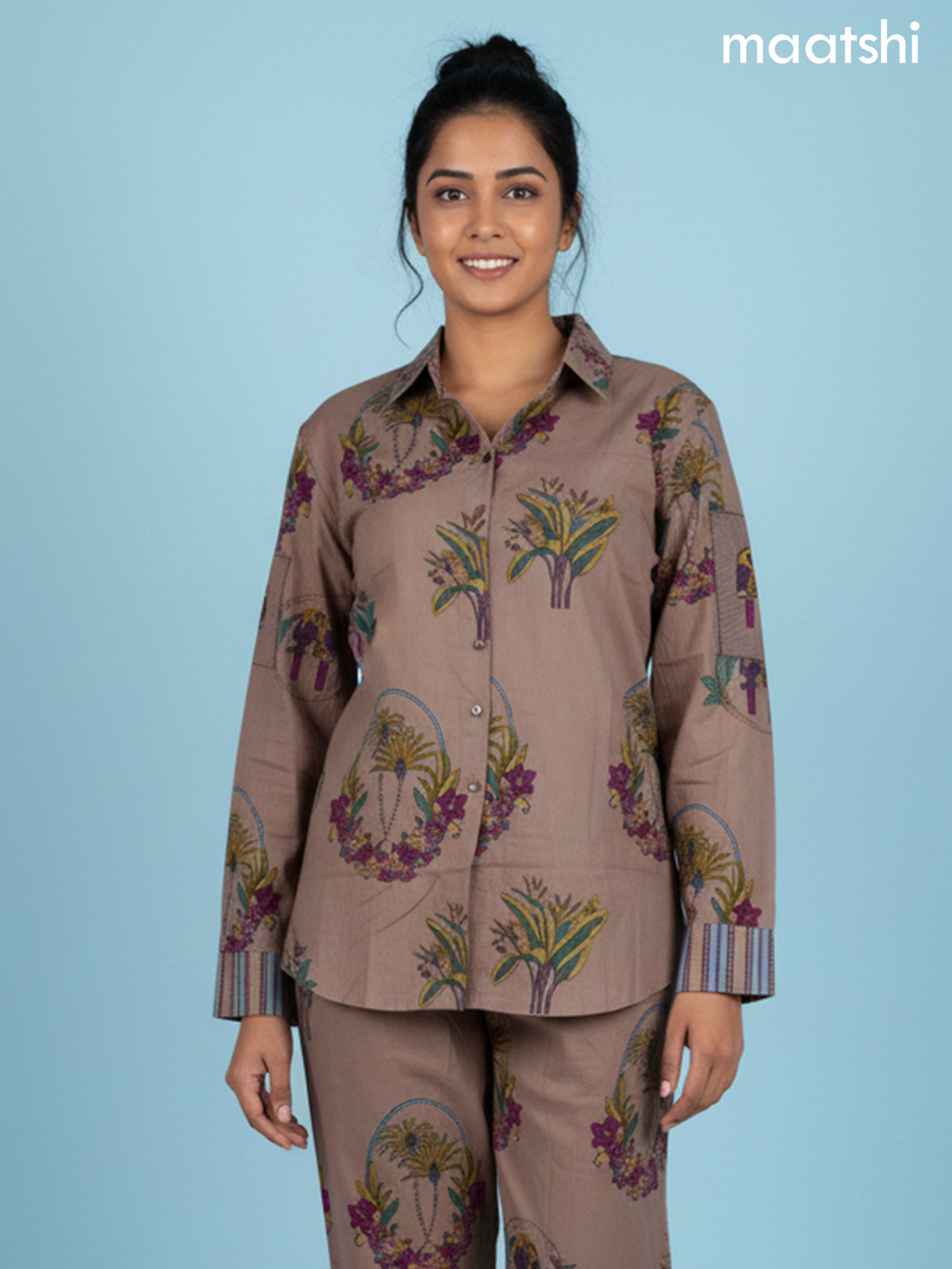 Pastel Brown Cotton Floral Printed Co-Ord Set