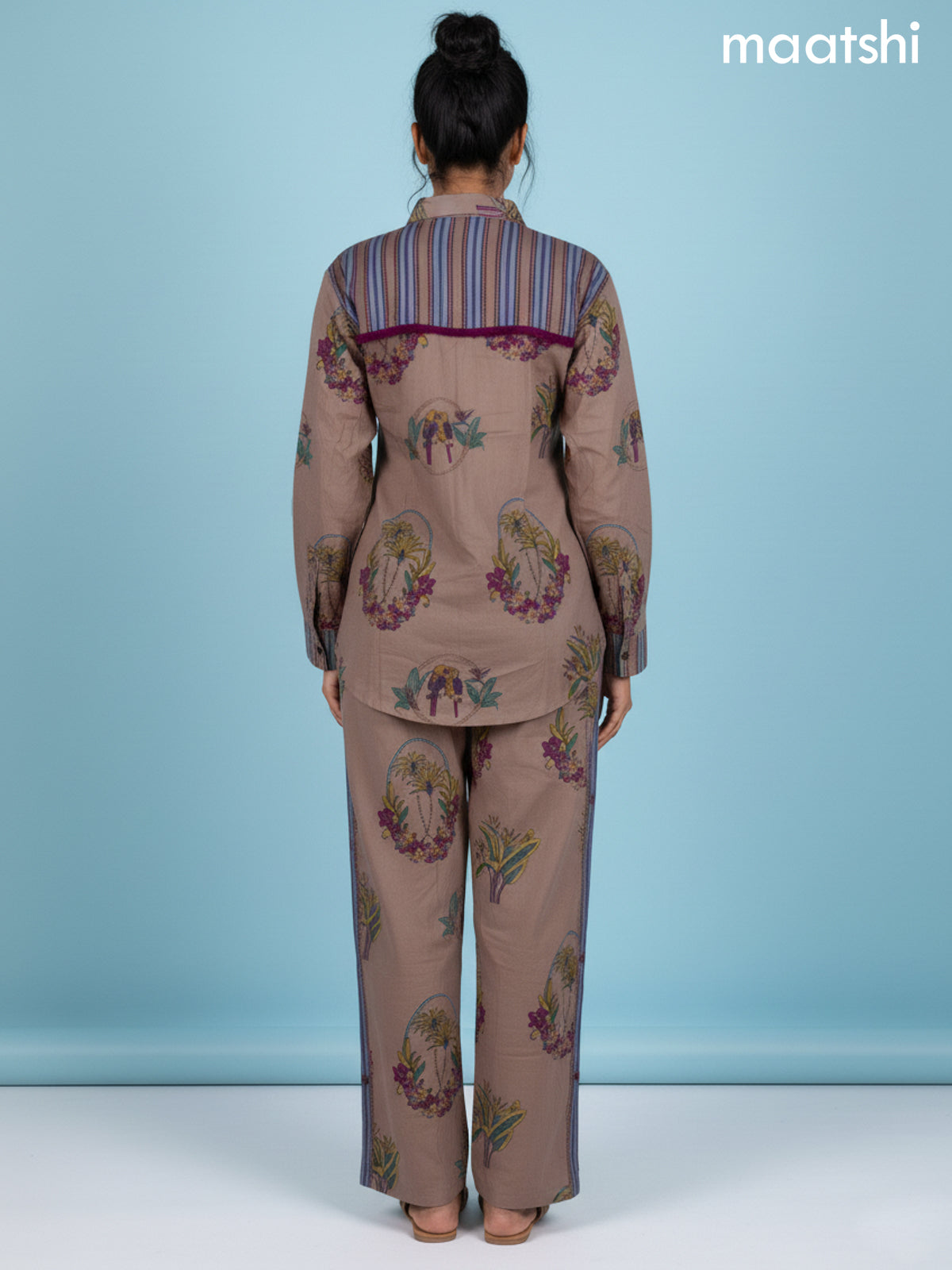 Pastel Brown Cotton Floral Printed Co-Ord Set