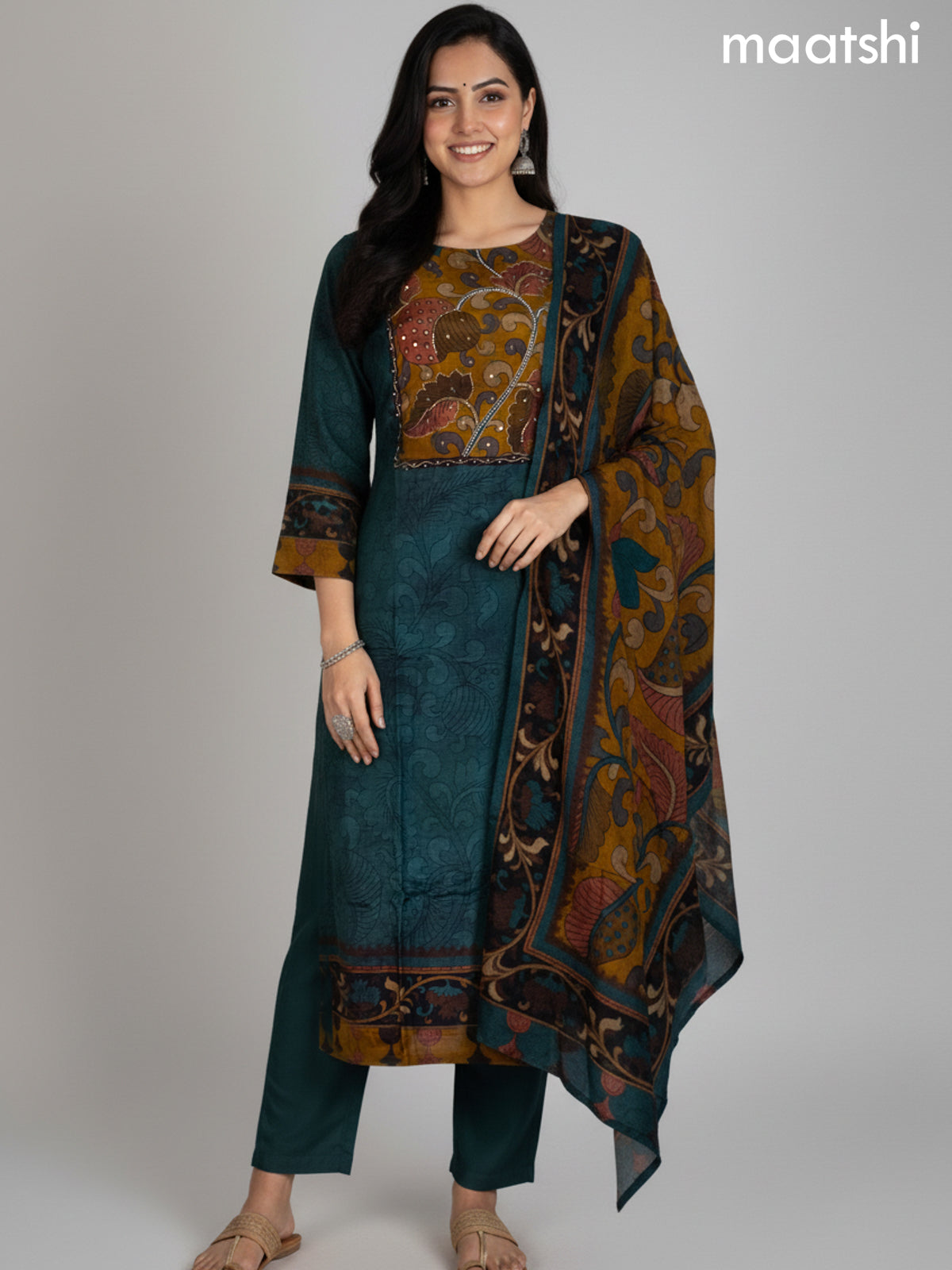 Peacock Green and Mustard Shade Muslin Kalamkari Printed Straight Suit
