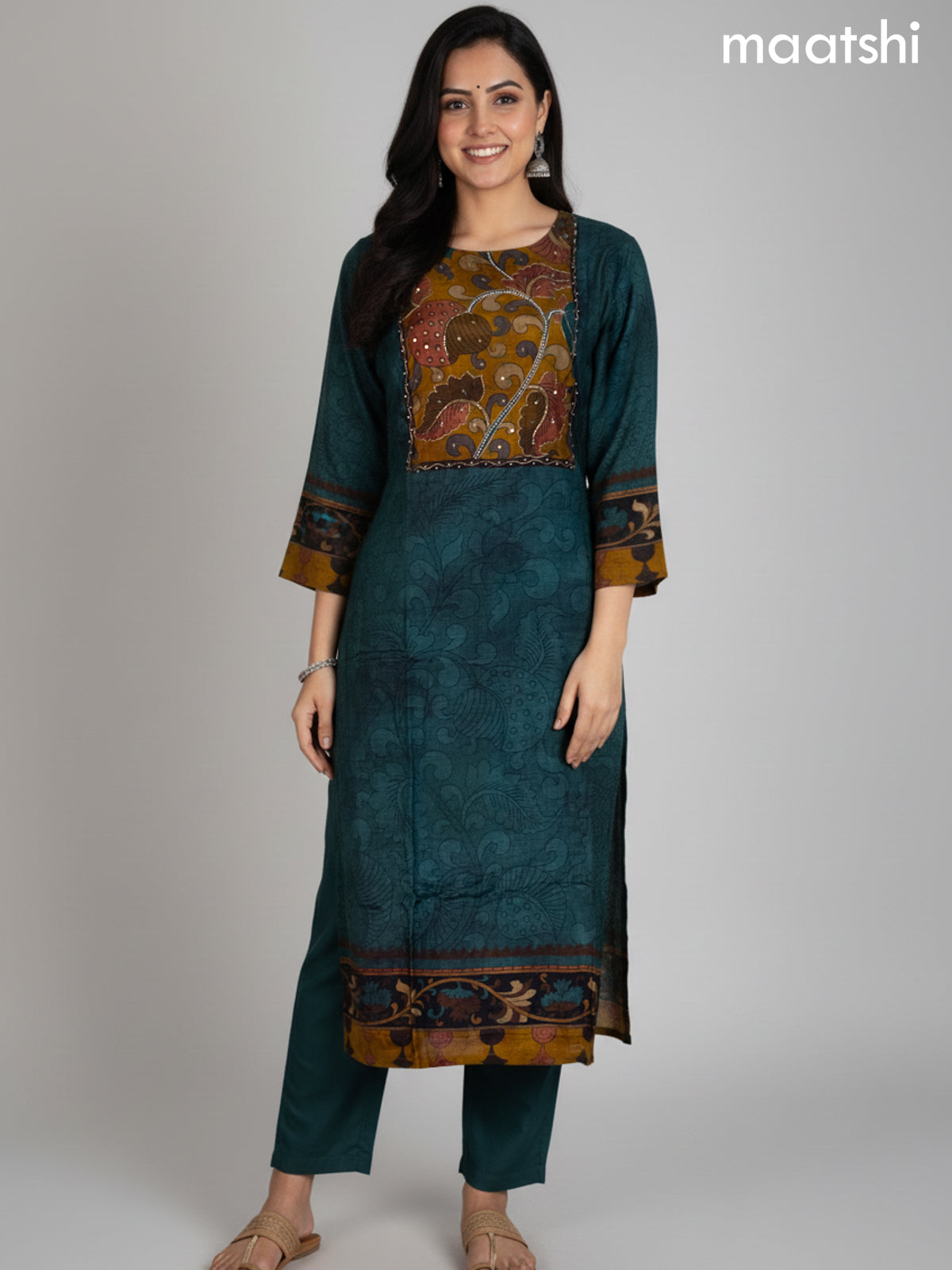 Peacock Green and Mustard Shade Muslin Kalamkari Printed Straight Suit