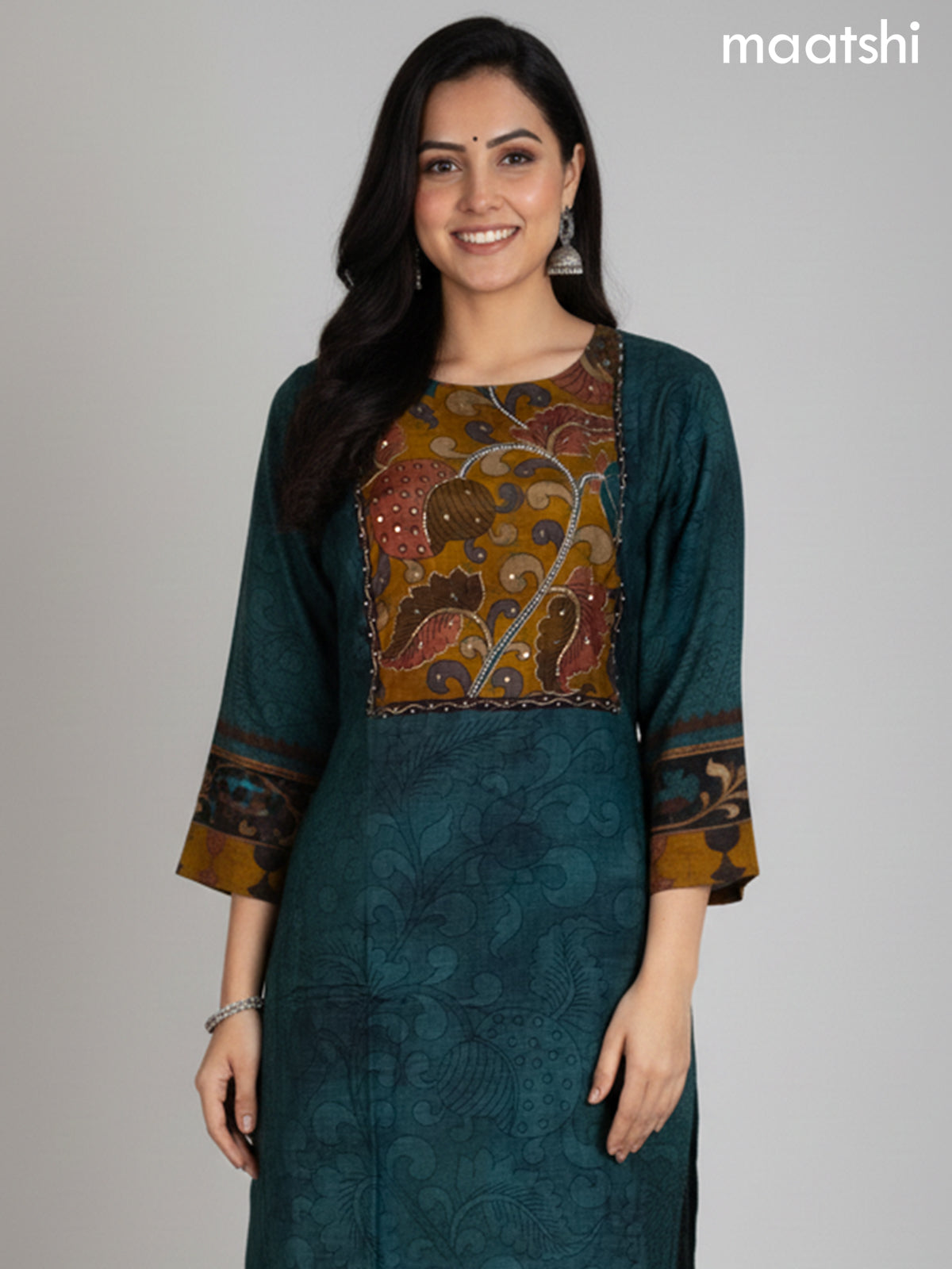 Peacock Green and Mustard Shade Muslin Kalamkari Printed Straight Suit