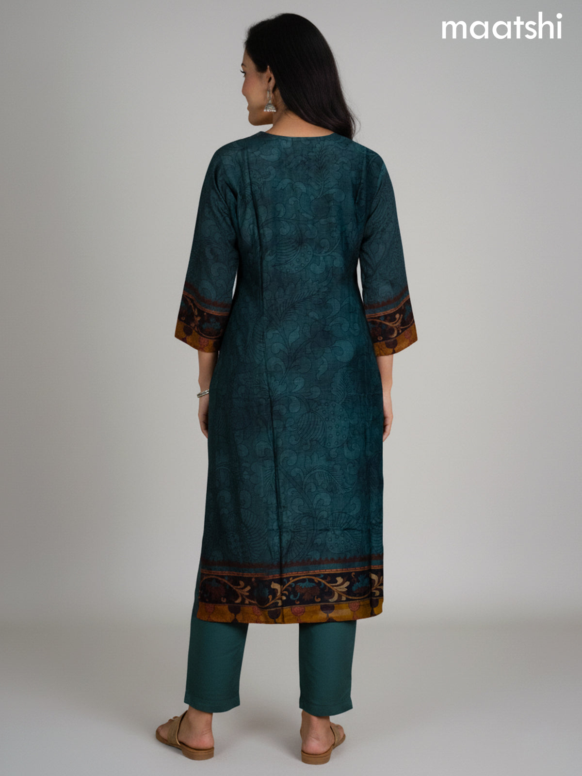 Peacock Green and Mustard Shade Muslin Kalamkari Printed Straight Suit