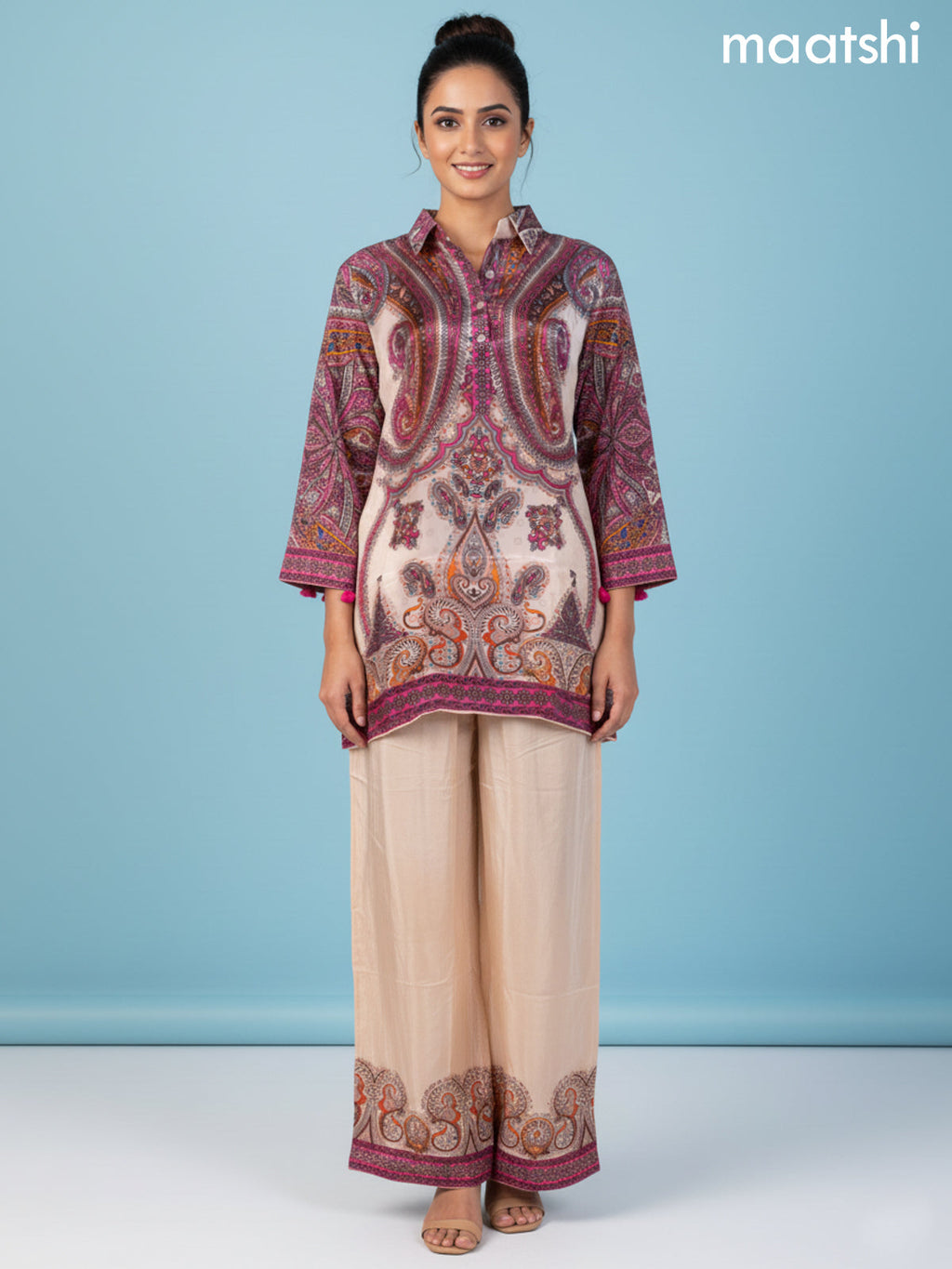 Peach Shade and Multi Colour Muslin Printed Co-Ord Set
