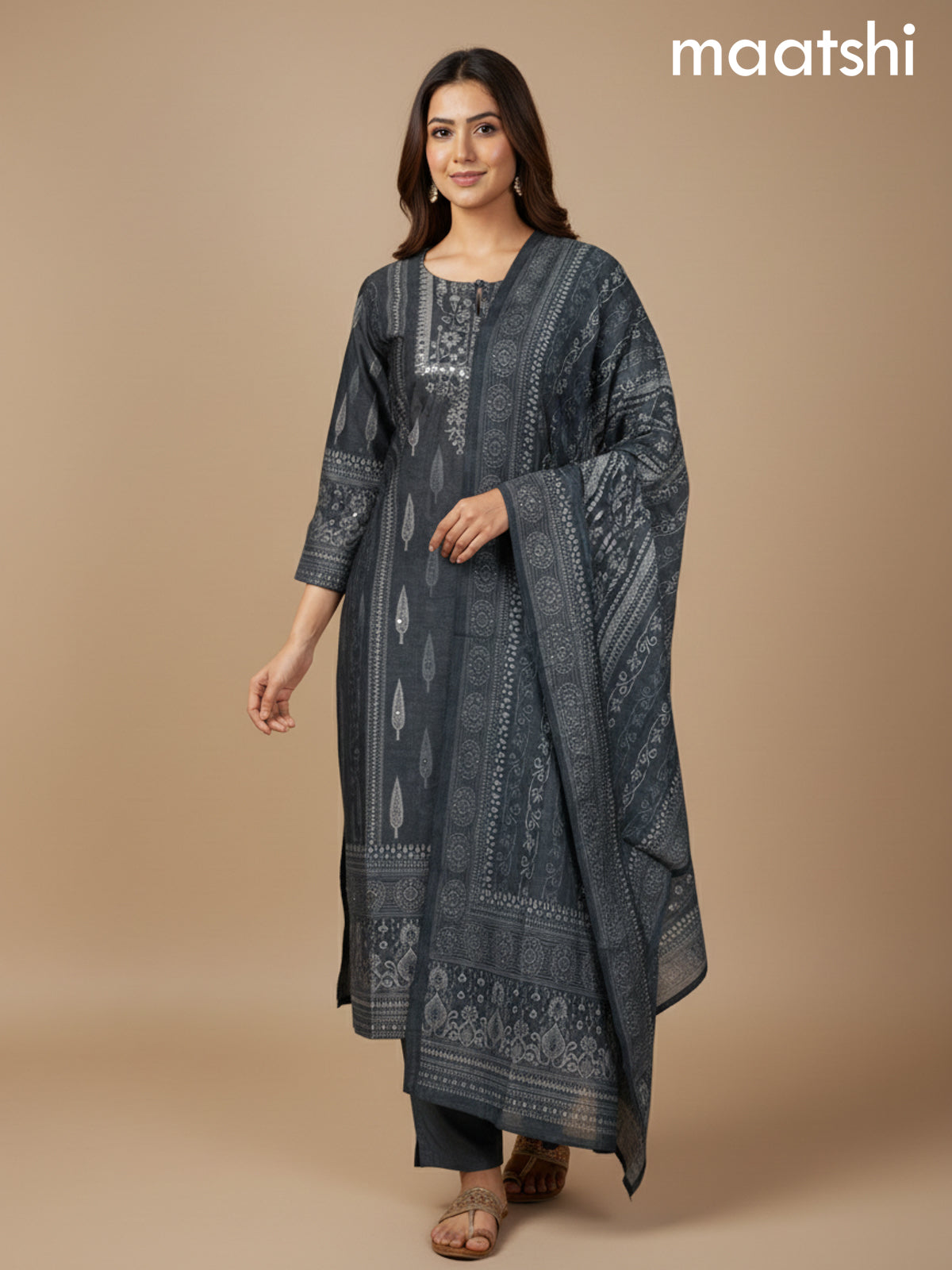 Grey Chanderi Printed Straight Suit