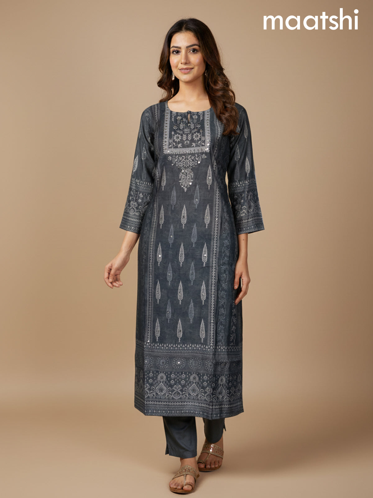 Grey Chanderi Printed Straight Suit