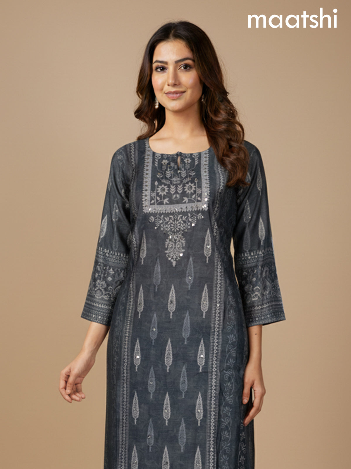Grey Chanderi Printed Straight Suit