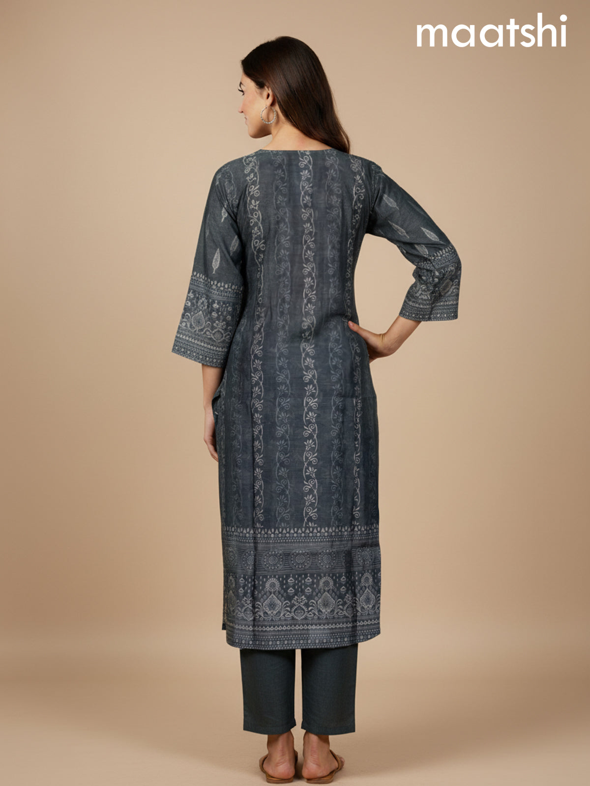 Grey Chanderi Printed Straight Suit