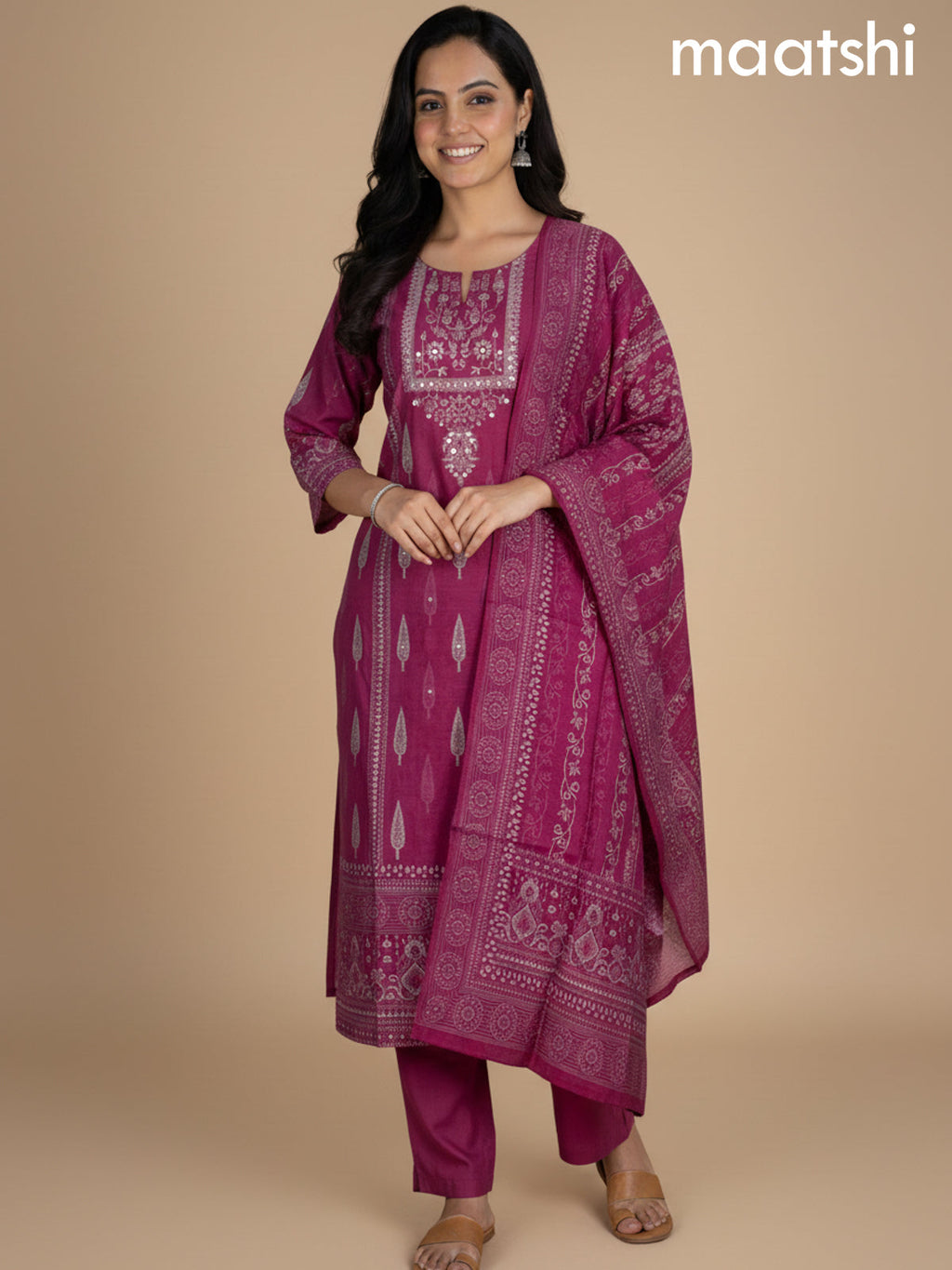 Pink Chanderi Printed Straight Suit