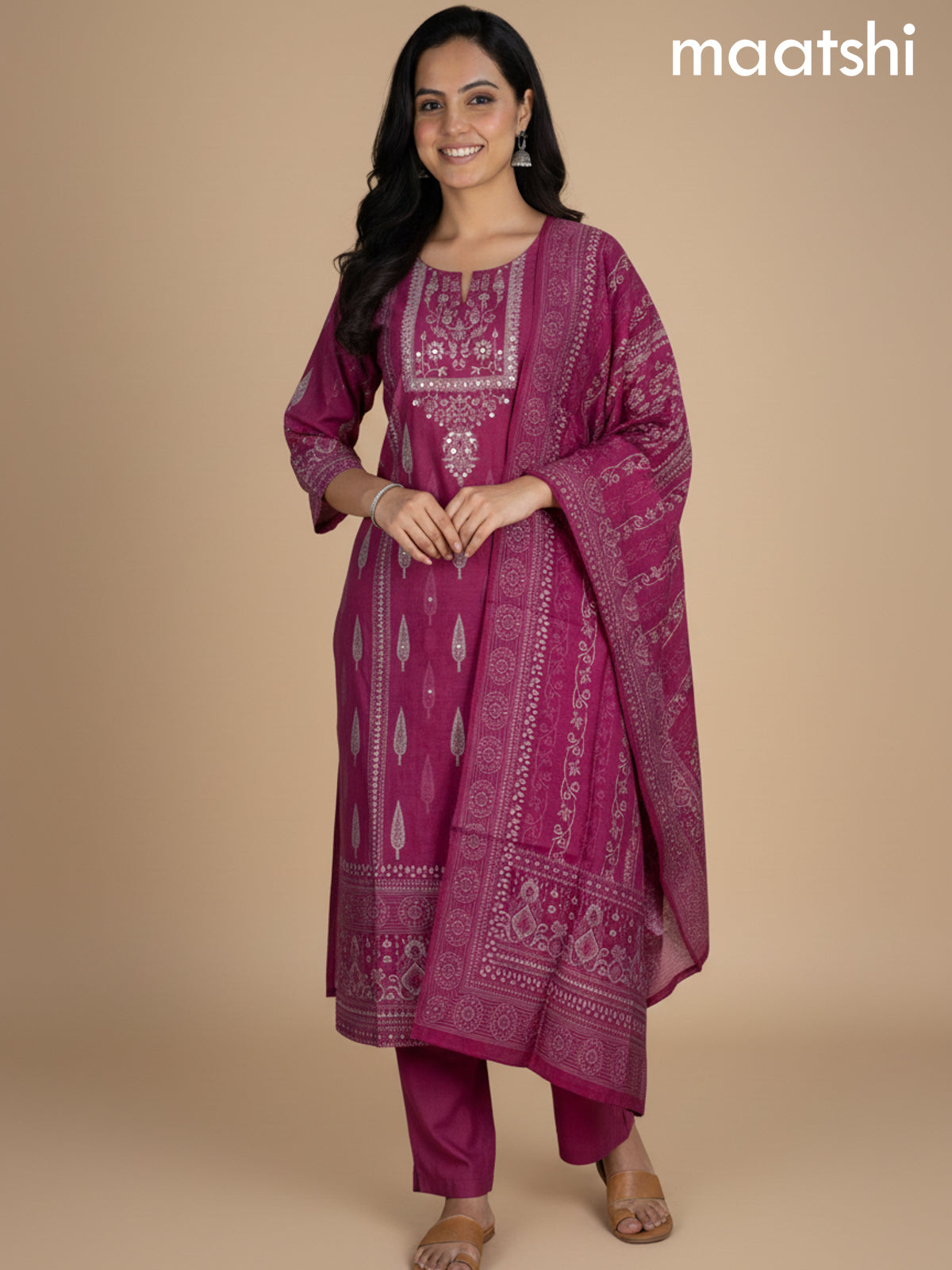 Pink Chanderi Printed Straight Suit