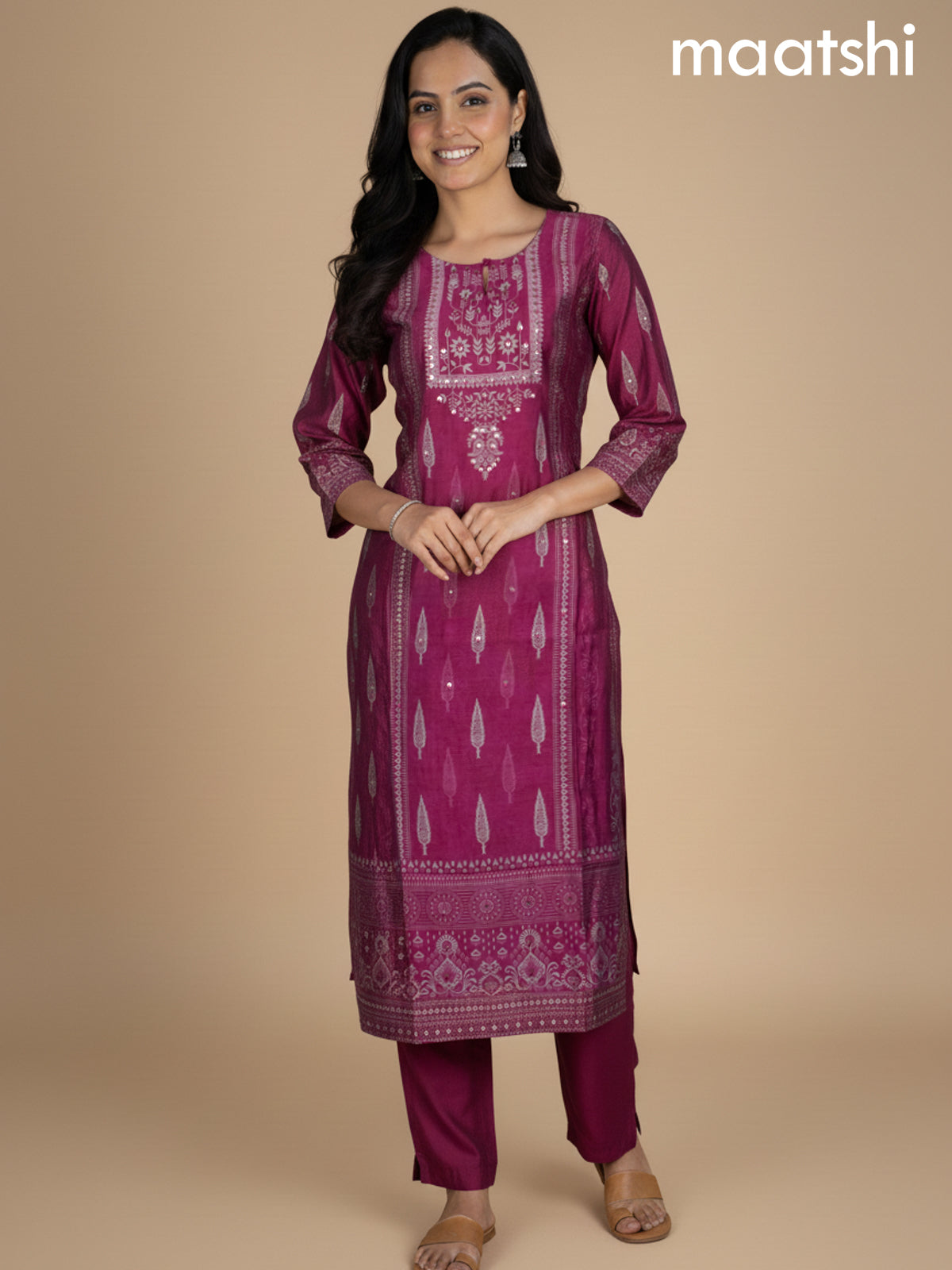 Pink Chanderi Printed Straight Suit