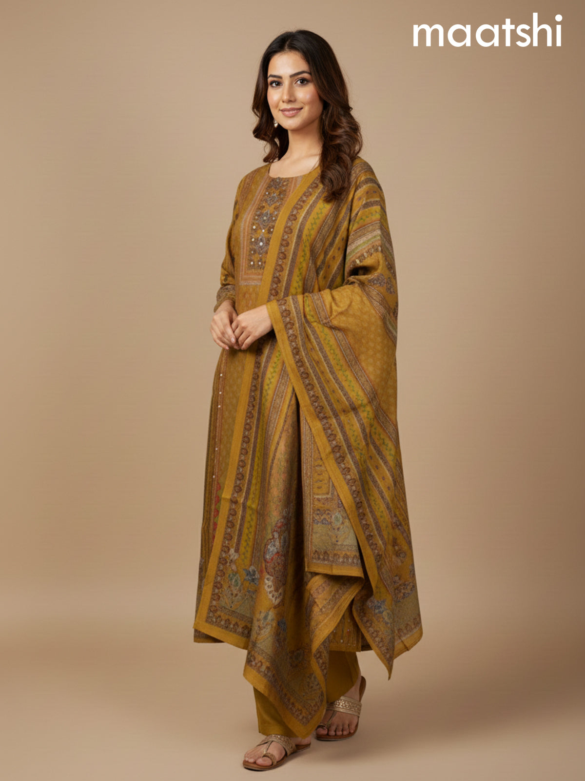 Dark Mustard Chanderi Printed Straight Suit
