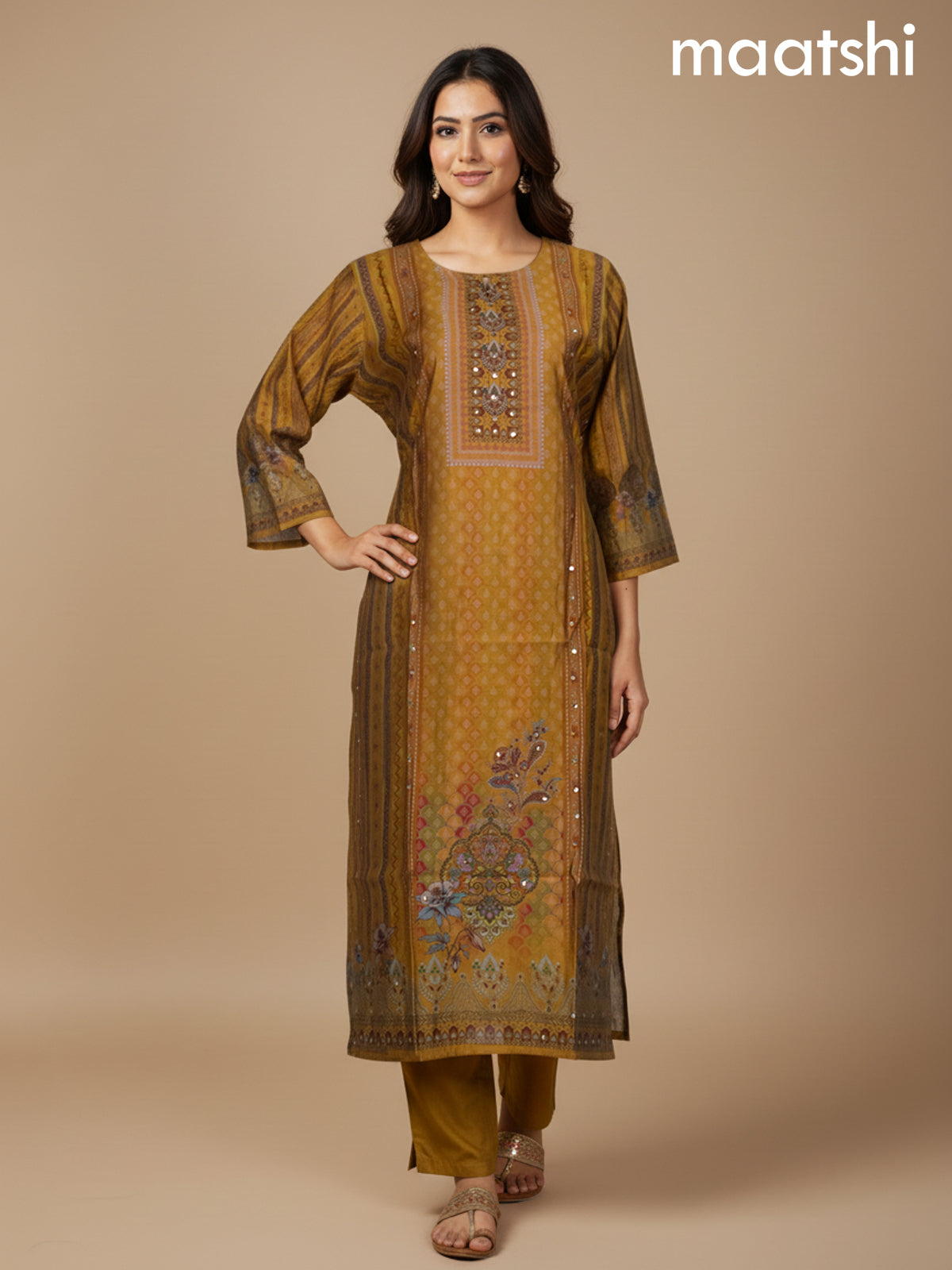 Dark Mustard Chanderi Printed Straight Suit