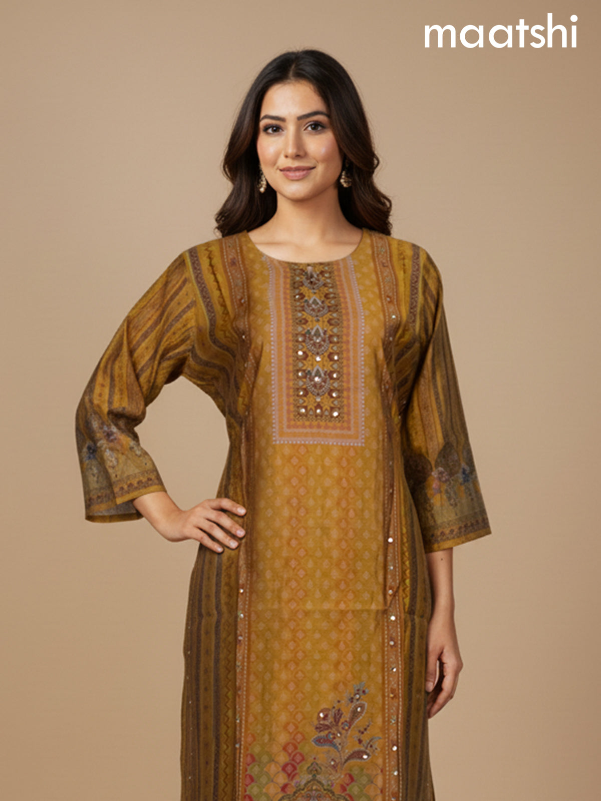 Dark Mustard Chanderi Printed Straight Suit