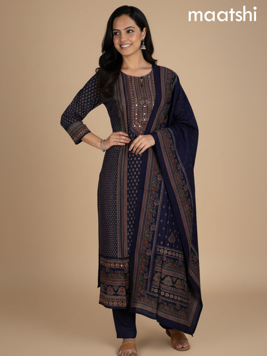 Deep Violet Chanderi Printed Straight Suit