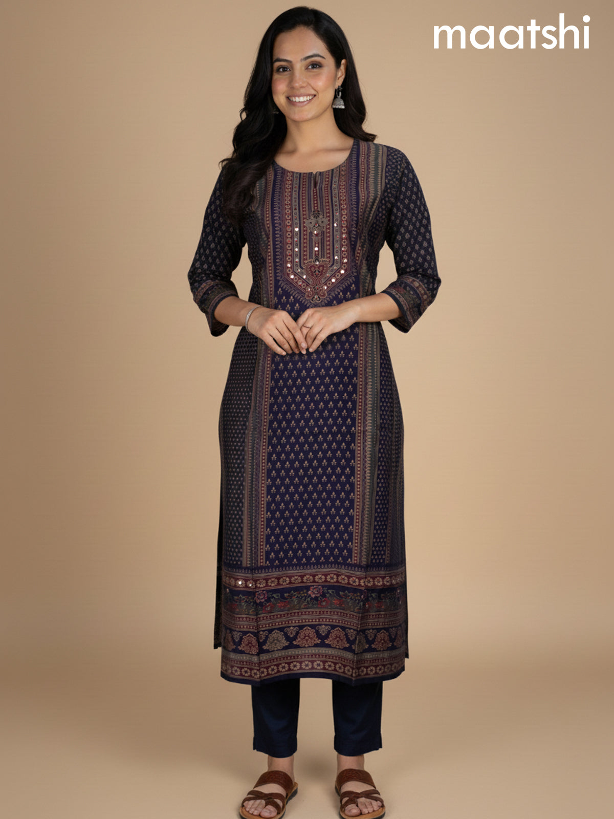 Deep Violet Chanderi Printed Straight Suit