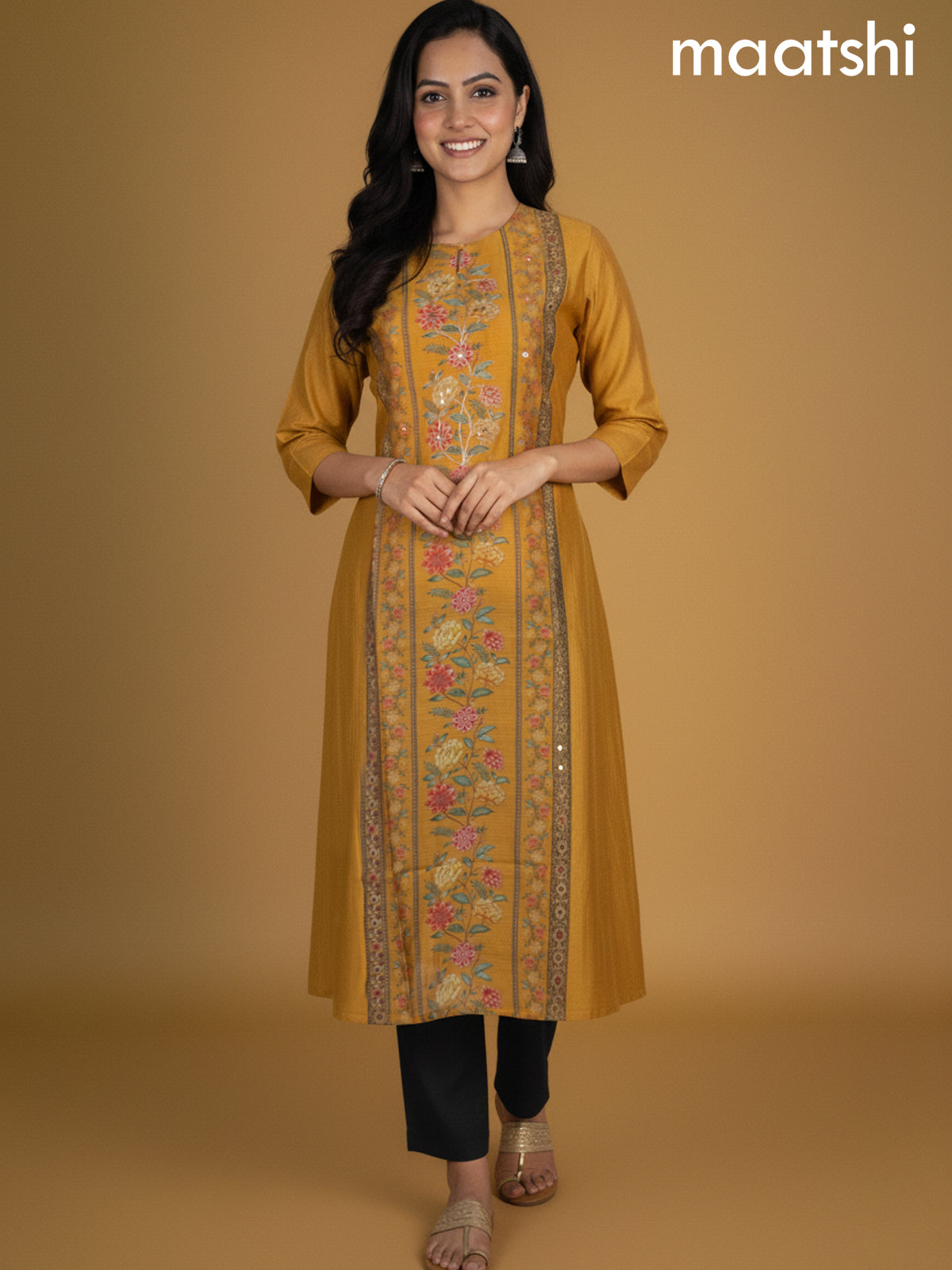 Yellow Chanderi Printed A-Line Kurti